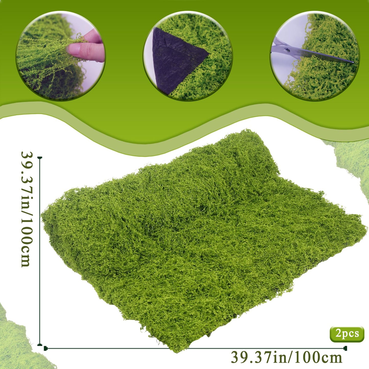 FAICOIA 2 Pcs Fake Moss Rug 39" x 39" Mossy Table Runner Green Artificial Moss Mat for Crafts Decorating Faux Moss Grass for Plants Indoor Planters Fairy Garden DIY Centerpieces Wedding 100 x 100cm