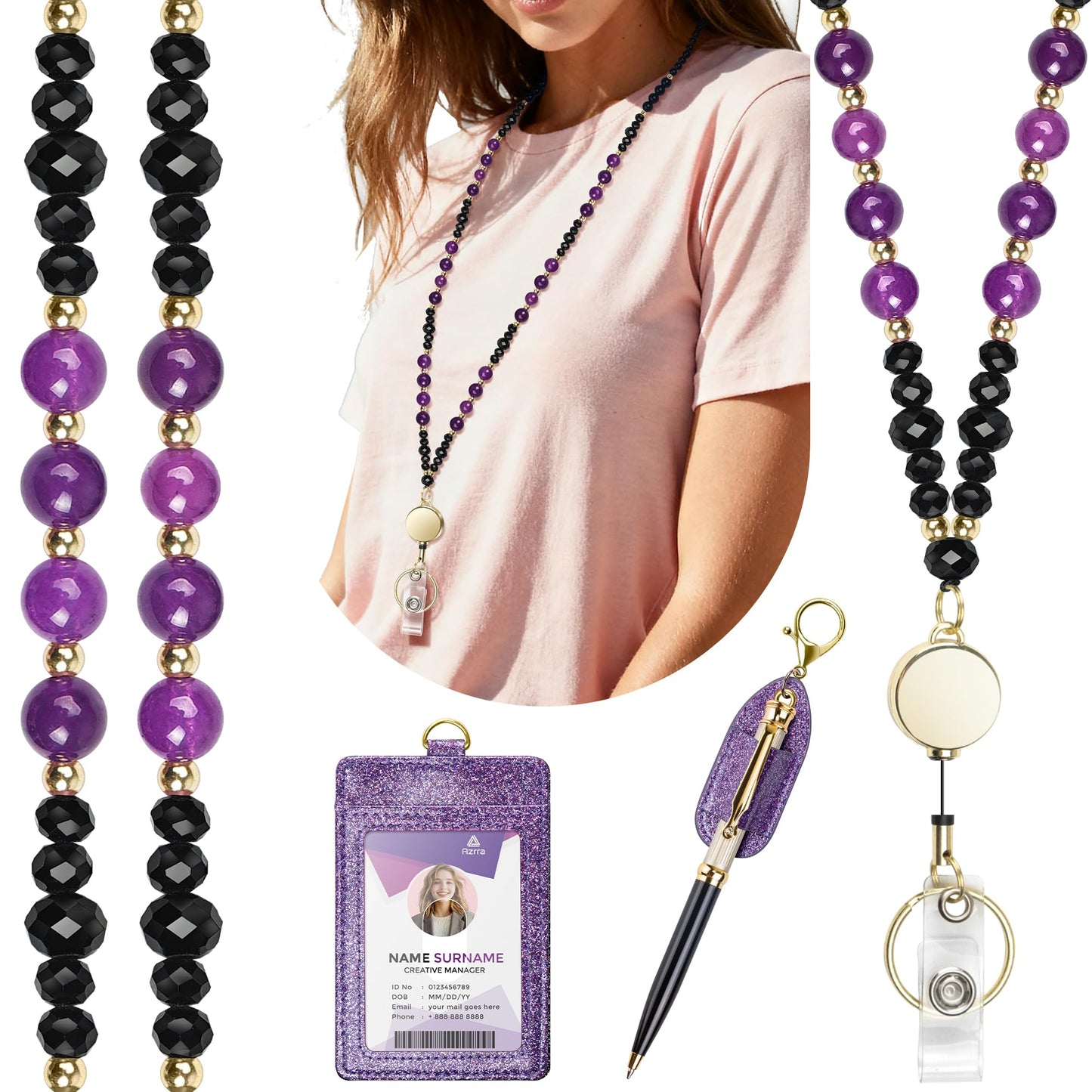 Azrra Lanyards for ID Badges and Keys, Natural Stone Beaded Teacher Lanyard with Bling ID Badge Holder and Pen Holder, Cute Retractable Badge Lanyard for Women (Purple)