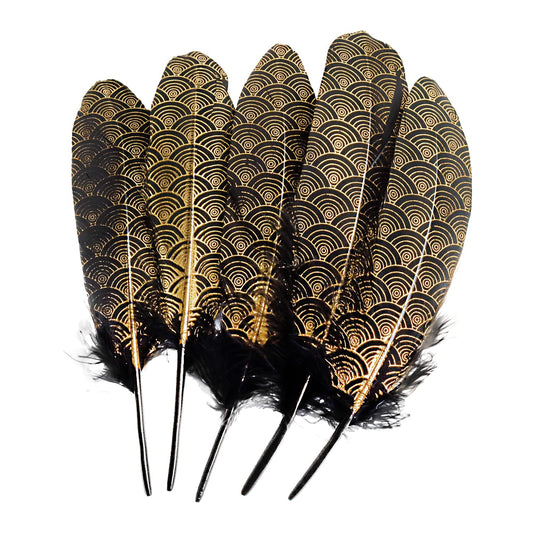 30 Pcs Gold Dipped Black Goose Feathers 6-9 Inch Gold Patterned Cloud Feather for Halloween Crafts DIY Party Wedding Dream Catcher