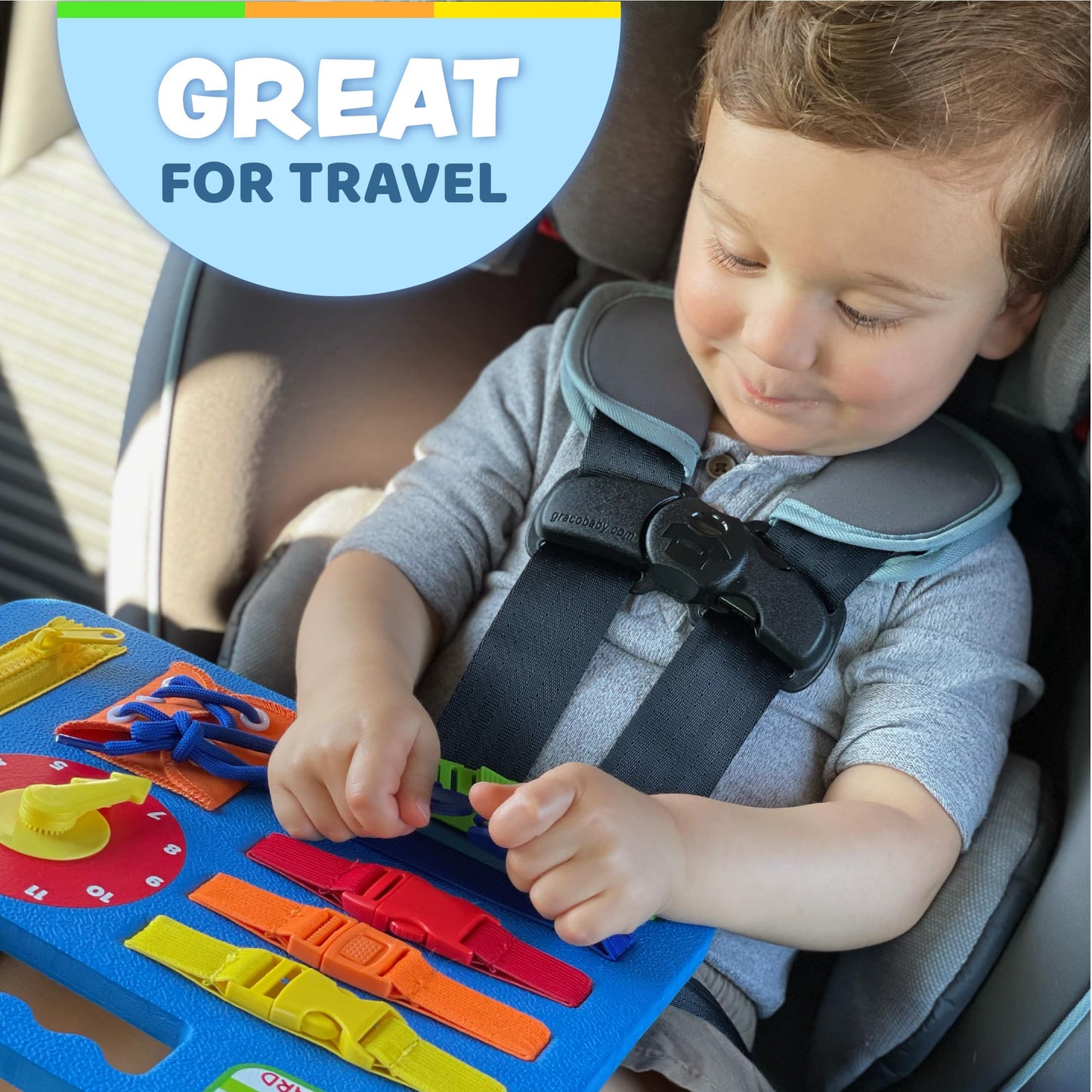 Buckle Toys Busy Board - Montessori Learning Toy for Toddlers Kids Road Trip Activies - Foam Sensory Board - Develop Fine Motor Skills - Blue