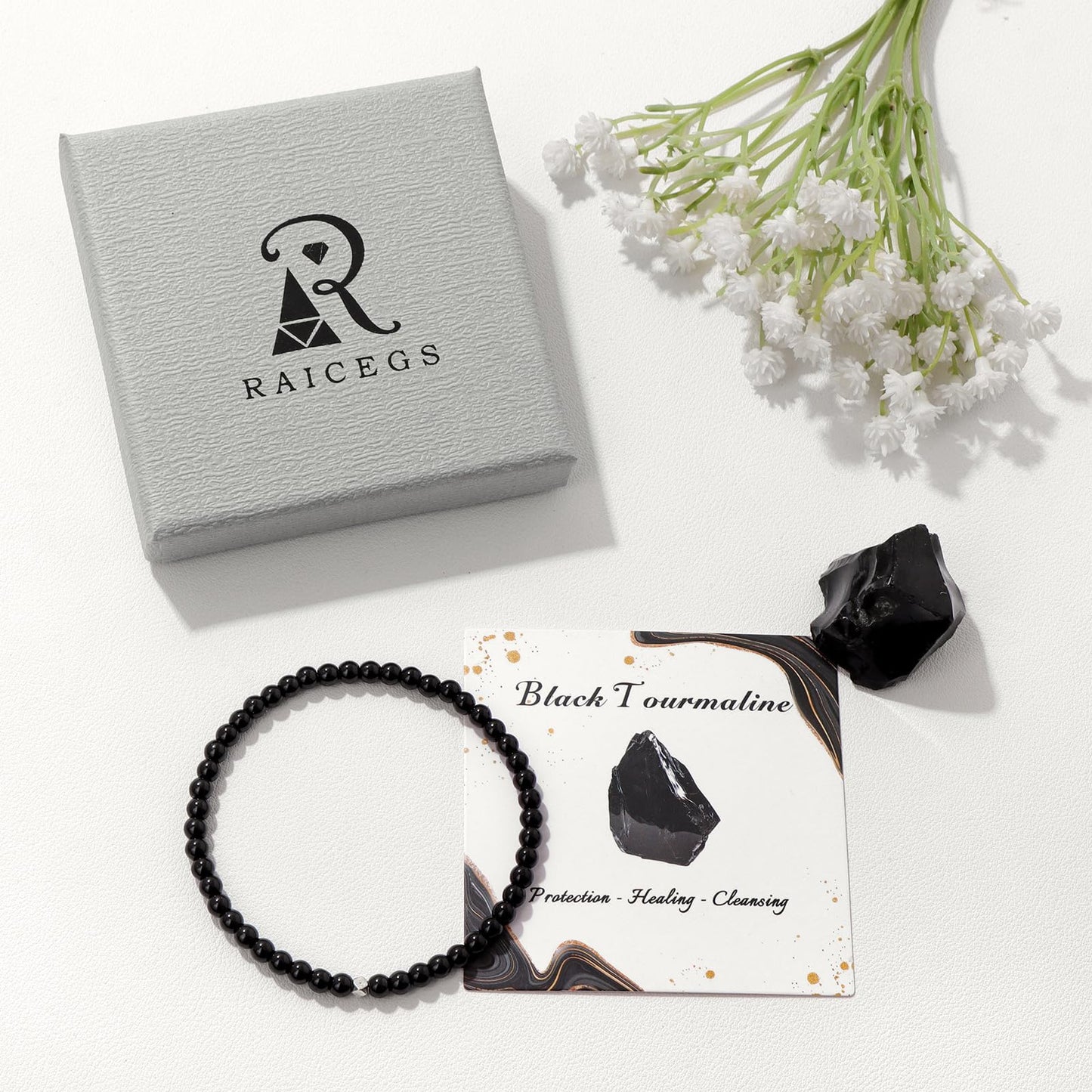 Raicegs 4MM Black Tourmaline Beaded Bracelets Healing Crystal Bracelet for Women Men Natural Stone Handmade Stretch Bracelet Reiki Spiritual Jewelry