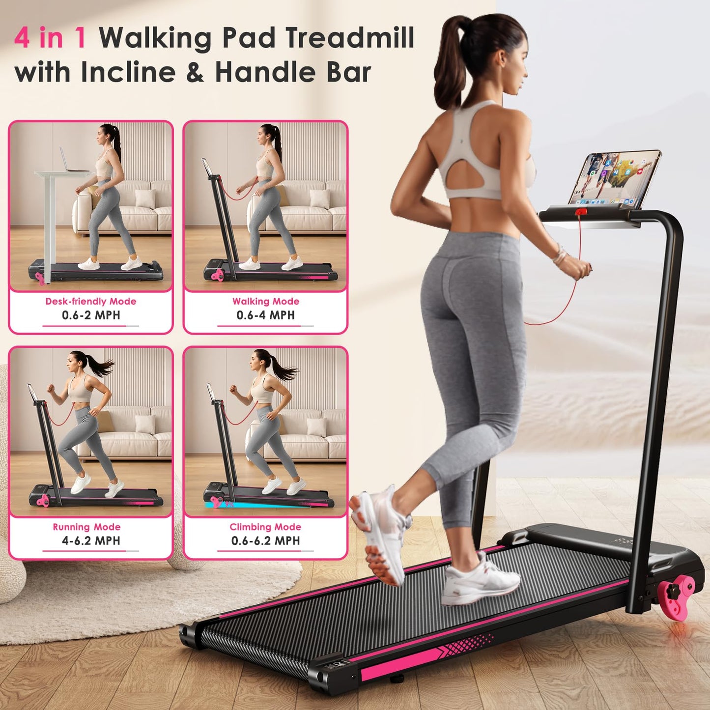 3-in-1 Walking Pad with Incline Portable Treadmill with Handle Bar for Home Office Under Desk Use Small Space Treadmill