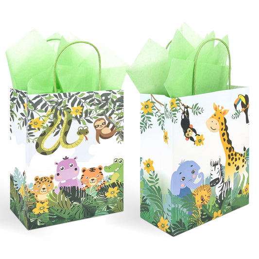 36 Pack Medium Jungle Safari Woodland Animal Themed Paper Gift Bags with Handles and Green Tissue Paper for Birthday Baby Shower Party Favors Goodies Treats, 10x8x4 Inch (2 Assorted Designs)
