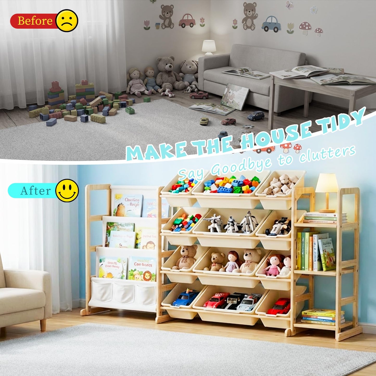 Toy Storage Organizer, 3-in-1 Extra Large Toy Storage with 12 Bins and 3 Side Shelves, 4-Tier Bookshelf, Toys Box for Bedroom Nursery Kids Room Organization, Toddler Playroom Organization Essentials
