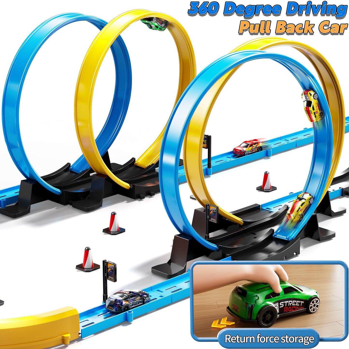 LILYBUDS Toy Car Track Gift Set for Boys Kids Age 3-5 4-7 8-12, Long Race Tracks with 4 Action Loops and 4 High-Speed Slot Die-Cast Race Cars, 35+ Pieces Race Tracks to Create Multiple Configurations