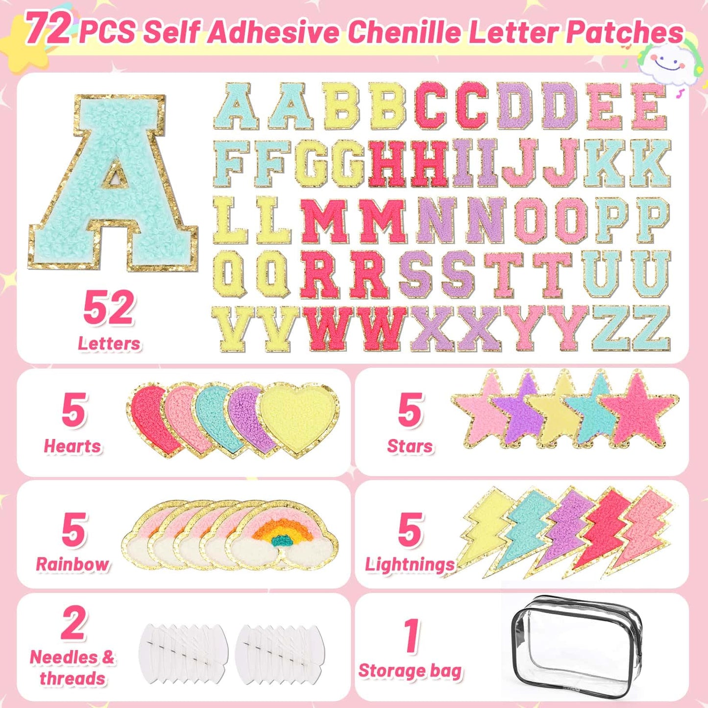 Iron on Chenille Letters Patches, 72 Pcs Self Adhesive Patches Alphabets 2.2 Inch Sew on Patches Varsity Initial Fabric Stickers Fuzzy Towel Embroidered Patches for Clothing Caps