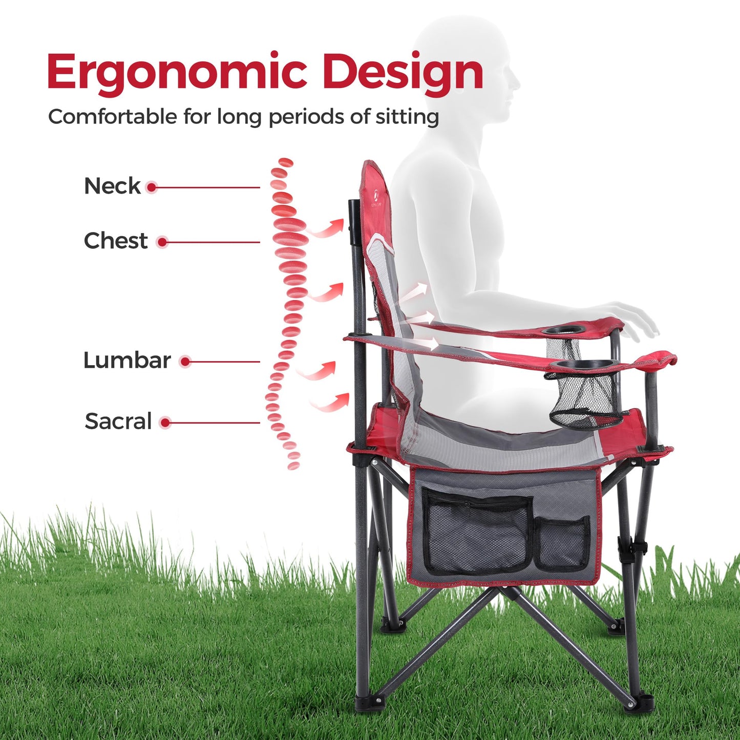 ALPHA CAMP 2PC Oversized Mesh Back Camping Folding Chair Heavy Duty Support 350 LBS Collapsible Steel Frame Quad Chair Padded Arm Chair with Cup Holder Portable for Outdoor (Red-2PC)