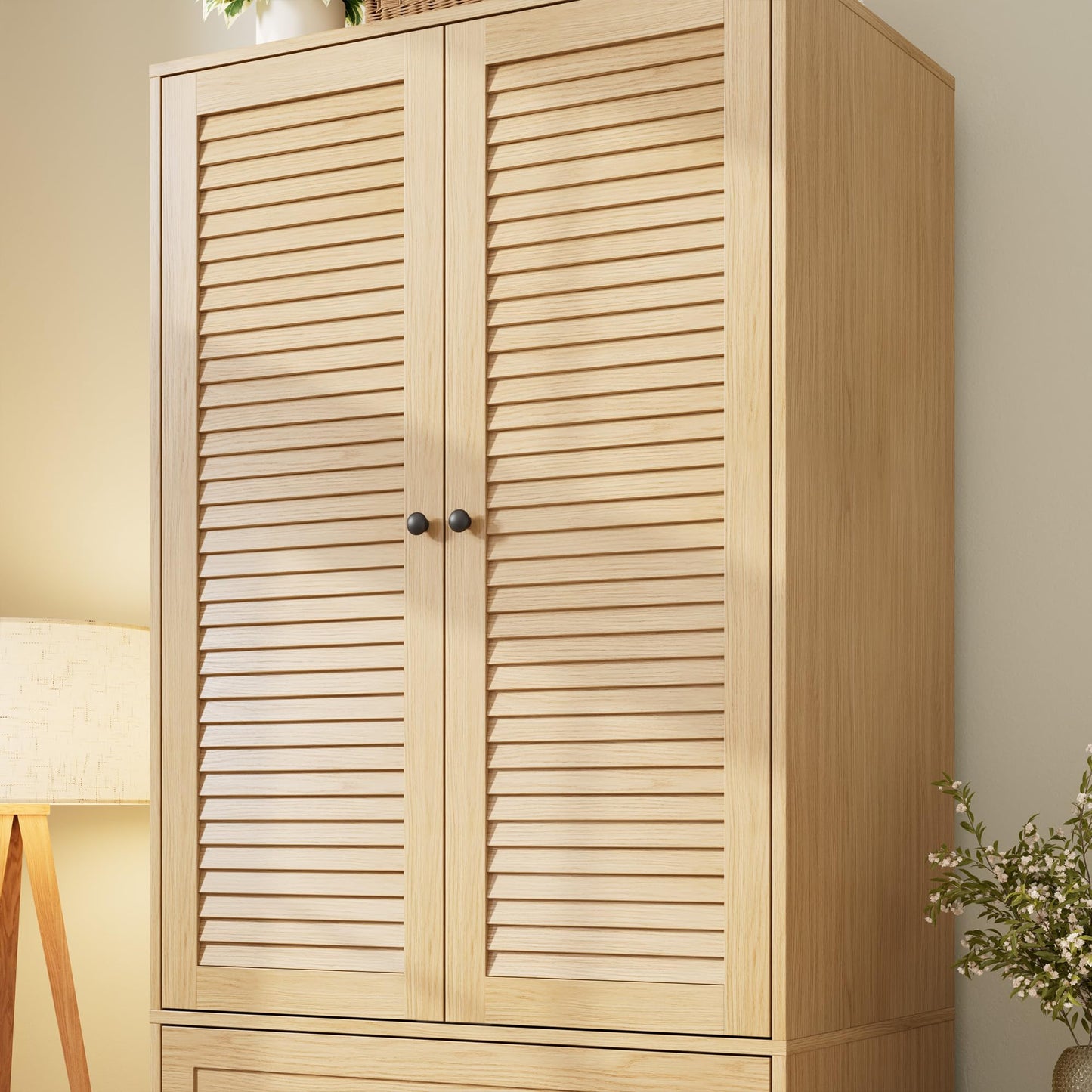 GarveeHome Armoire Wardrobe Closet with Drawers, 69.5 in Wooden Wardrobe Cabinet with Hanging Rod, 2 Doors Clothing Storage Cabinet for Bedroom, Large Capacity Storage, Louvered Door, Natural