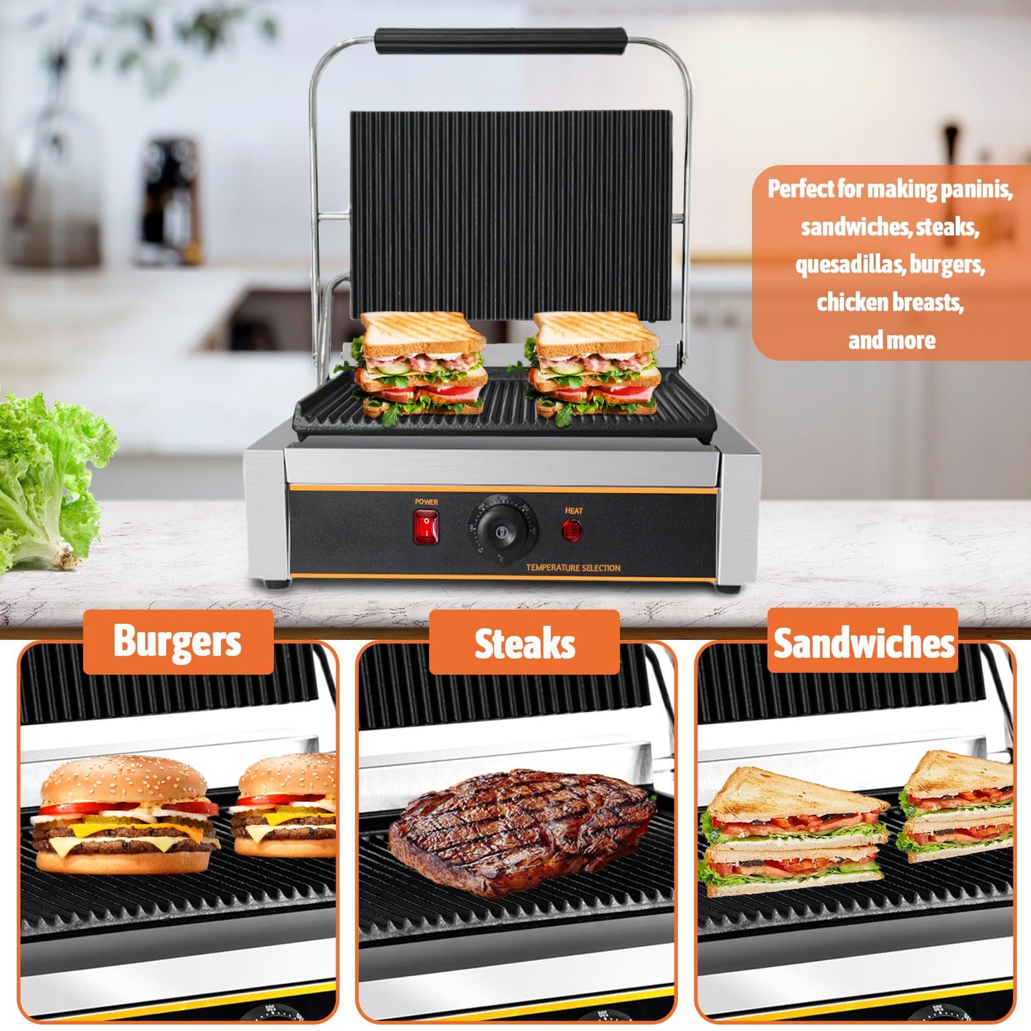 Yingyunvo Commercial Panini Press Grill 2200W Countertop Electric Sandwich Maker with Adjustable Temp Control, Nonstick Coating, Grooved Plates Grill, for Burgers Steaks Panini