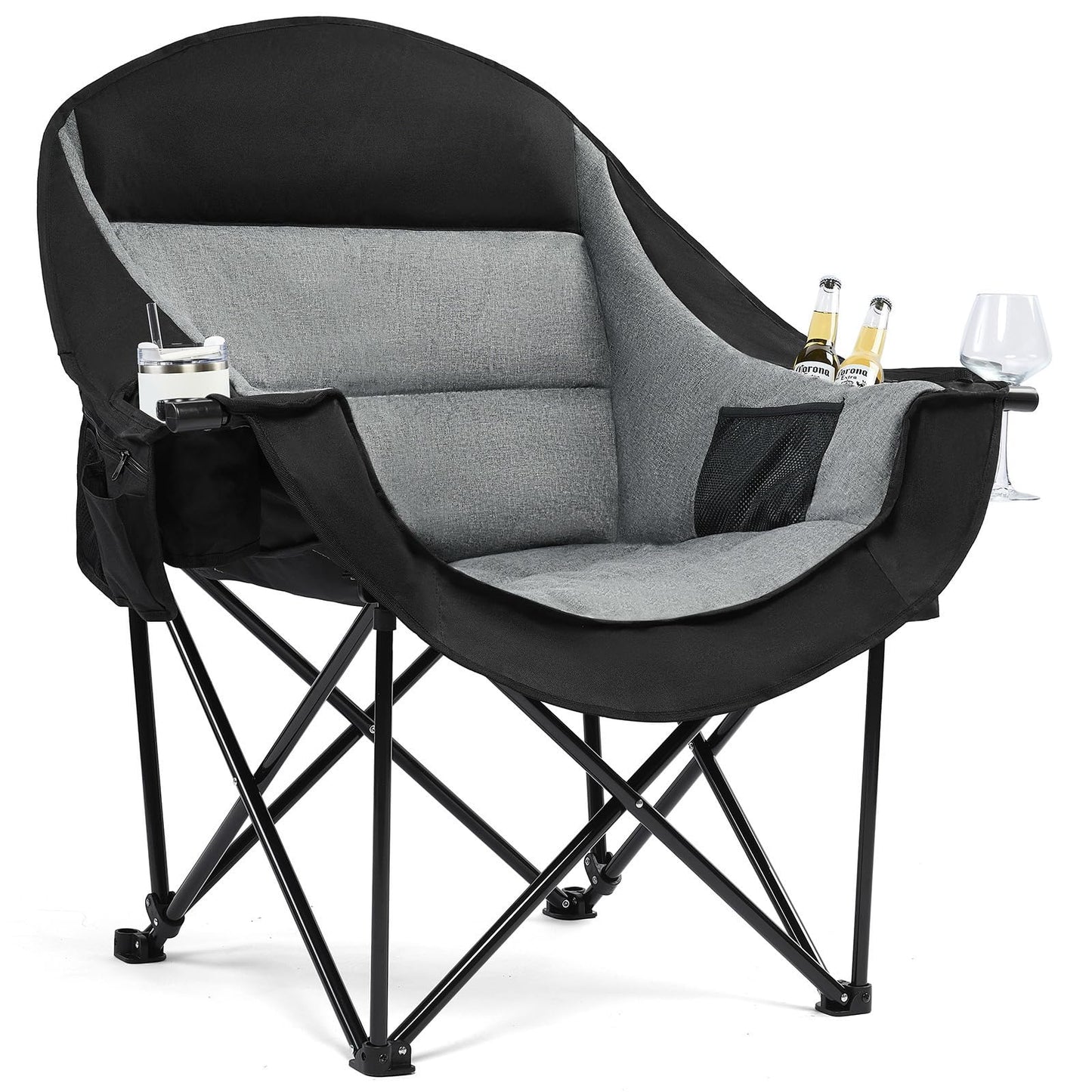 Oversized Camping Chairs for Adults - Heavy Duty Padded Outdoor Folding Lawn XL Camp Chair with Cup Holder Cooler Pockets for Outside Sports Beach Fishing Garden Portable Supports 500lbs, Black
