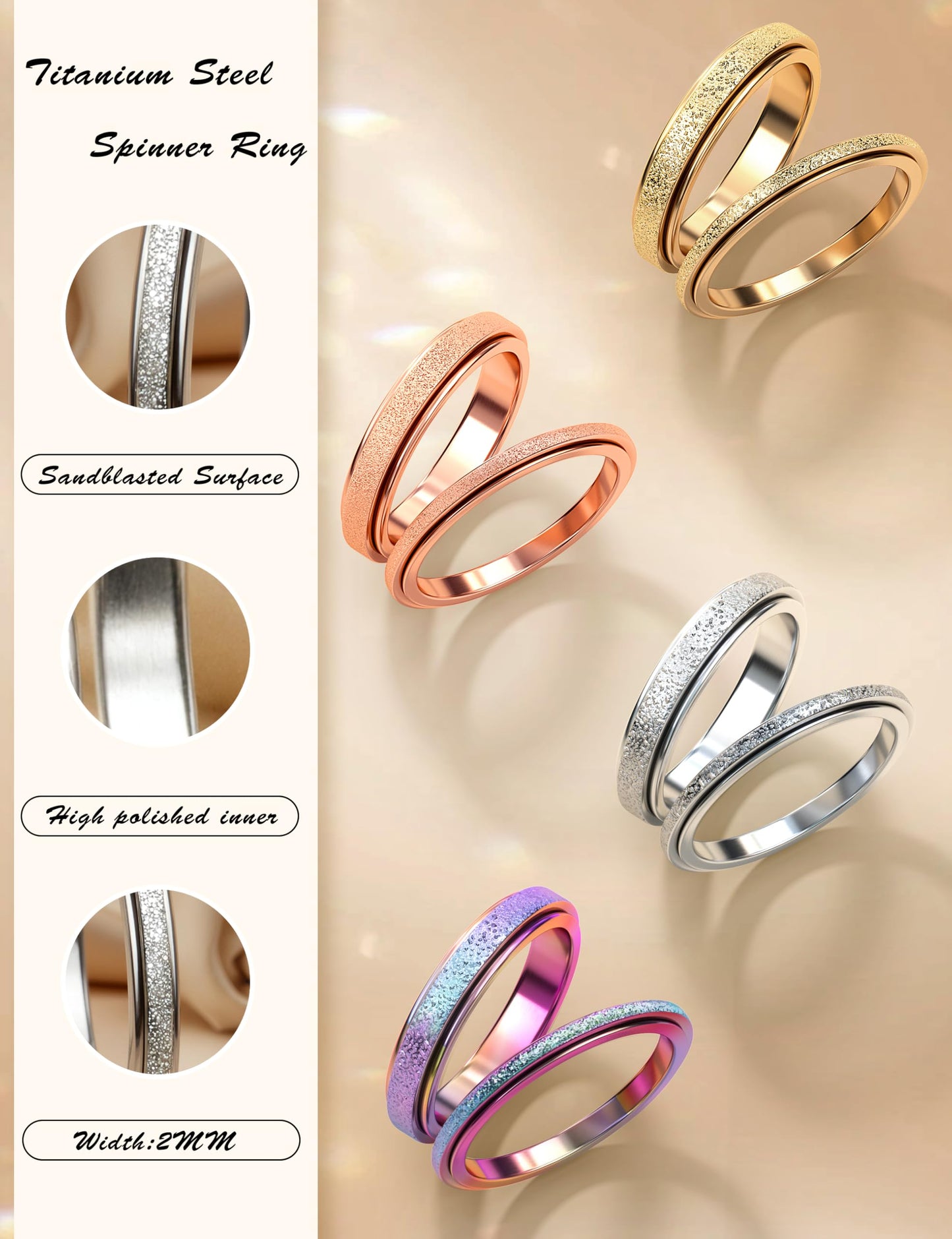 Diamday Fidget Rings for Women Men - 2mm Silver Spinner Stainless Steel Ring for Anxiety Stress Relief Glitter Sandblast Spinning Figit Anxiety Jewelry for Wedding Promise Size 9