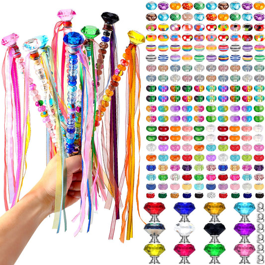 Tigeen 236 Pcs Garden Stake DIY Fairy Wand Plant Stake with 12 Colorful Crystal Stopper Top 12 Threaded Rod with 200 Large Hole Bead for Spring Summer Holiday Outdoor Decorations(Colorful Ribbons)