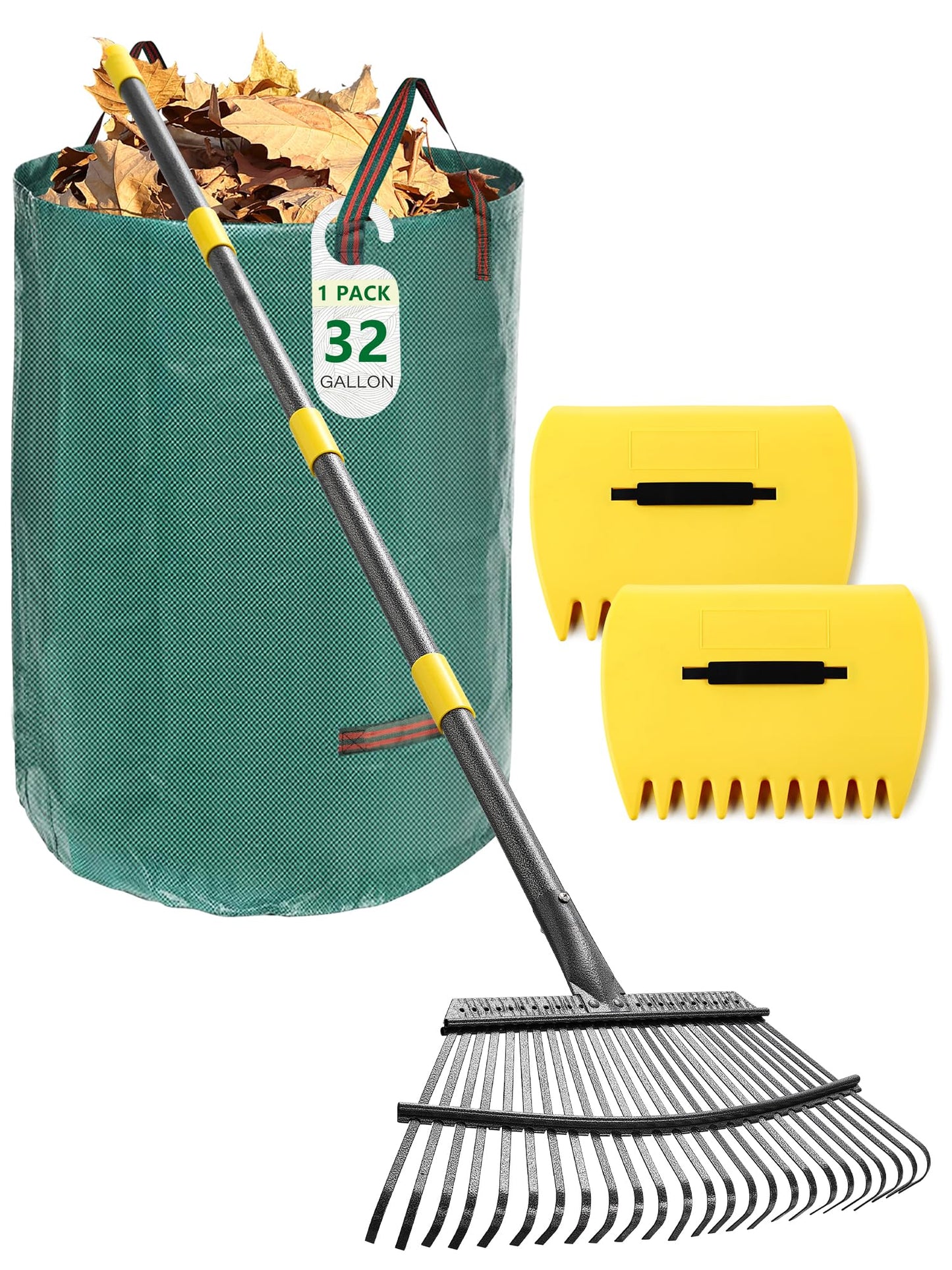 Garden Rake for Leaves Lawns, 3-in-1 Gardening Tools Set with 5 ft Metal Rake, Leaf Scoops Hand Claws, 32 Gallon Reusable Yard Waste Bag, Heavy Duty 25-Tine Rakes for Quick Pick Up, Clear n Collect