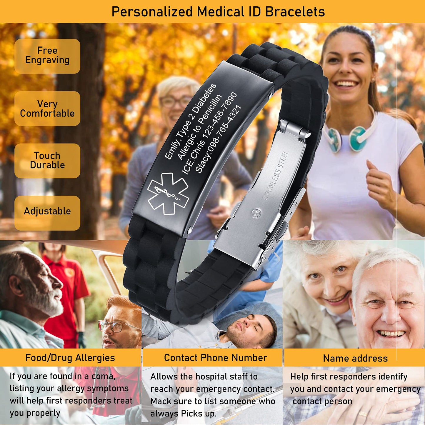 VNOX PENICILLIN Allergy Medical Alert ID Bracelet Black Silicone Rubber Stainless Steel Adjust Bracelet Wristband for Men Unisex
