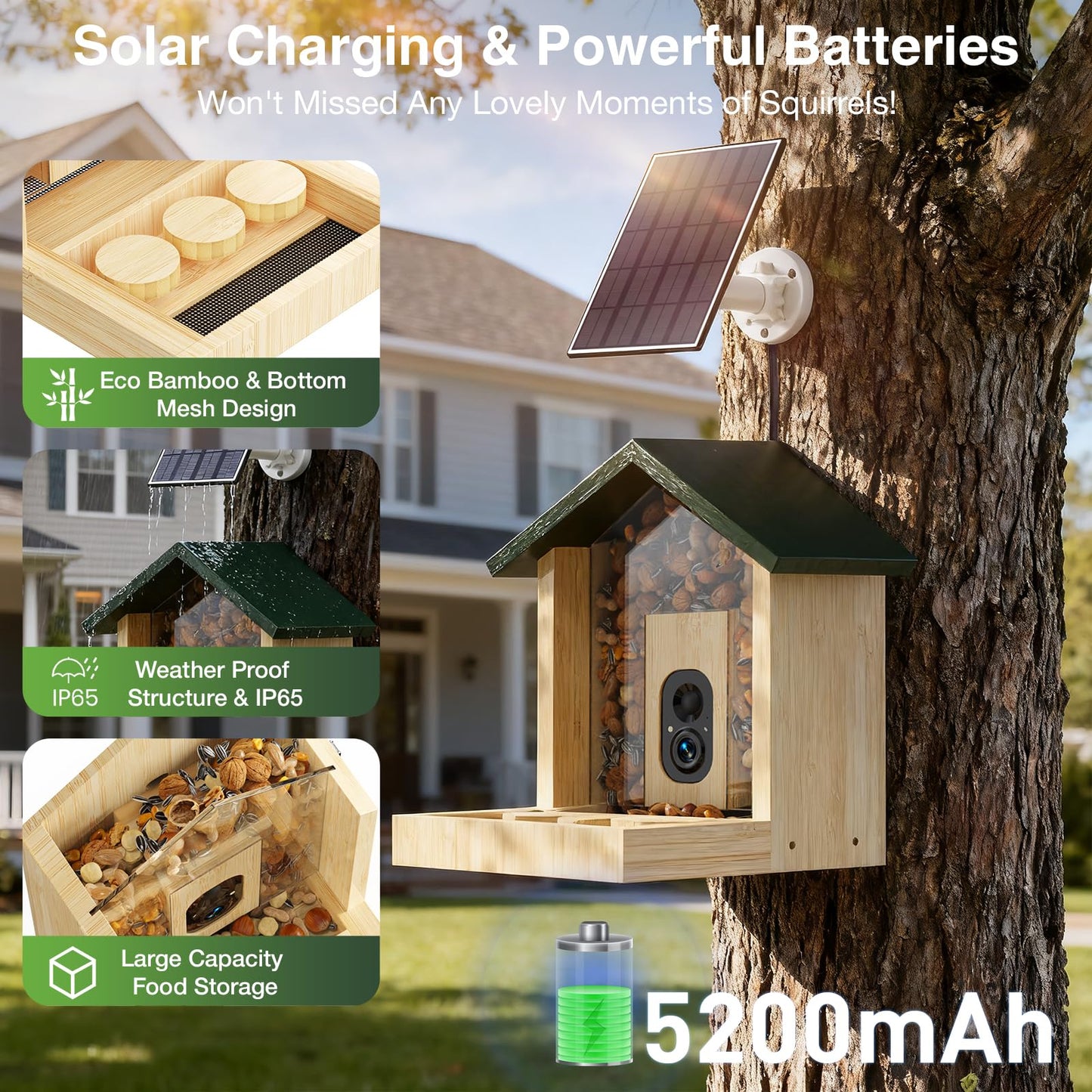Wooden Squirrel Feeder with Camera, Smart Squirrel Feeder Solar-Powered, Squirrel Houses for Outside, 2K HD+ Video, Cloud Storage, Large Capacity, Ideal for Squirrel Lovers