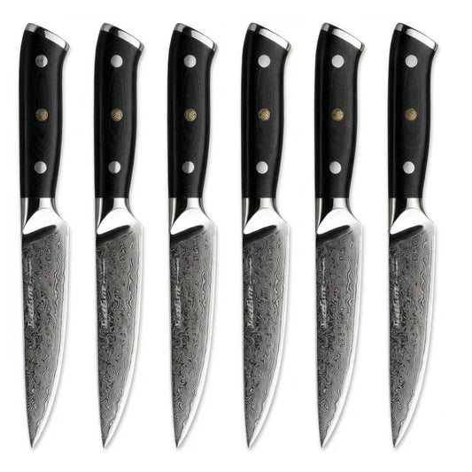 SliceElite Elite Series 6-Piece Steak Knife Set Non-Serrated Plain Edge Steak Knives 67-Layer Damascus Steel with VG10 Super Steel Core G10 Composite Handle Premium Steak Knives Blade Guards Gift Set