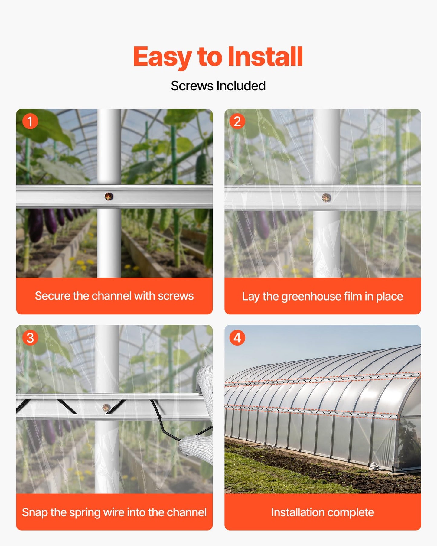 VEVOR Greenhouse Spring Wire and Lock Channel, 50 Packs 6.56 ft PVC-Coated Wiggle Wire & Aluminum Alloy Channel Bundle Kit with Included Screws, 0.05 in Thickened, Poly Film & Shade Cloth Attachments