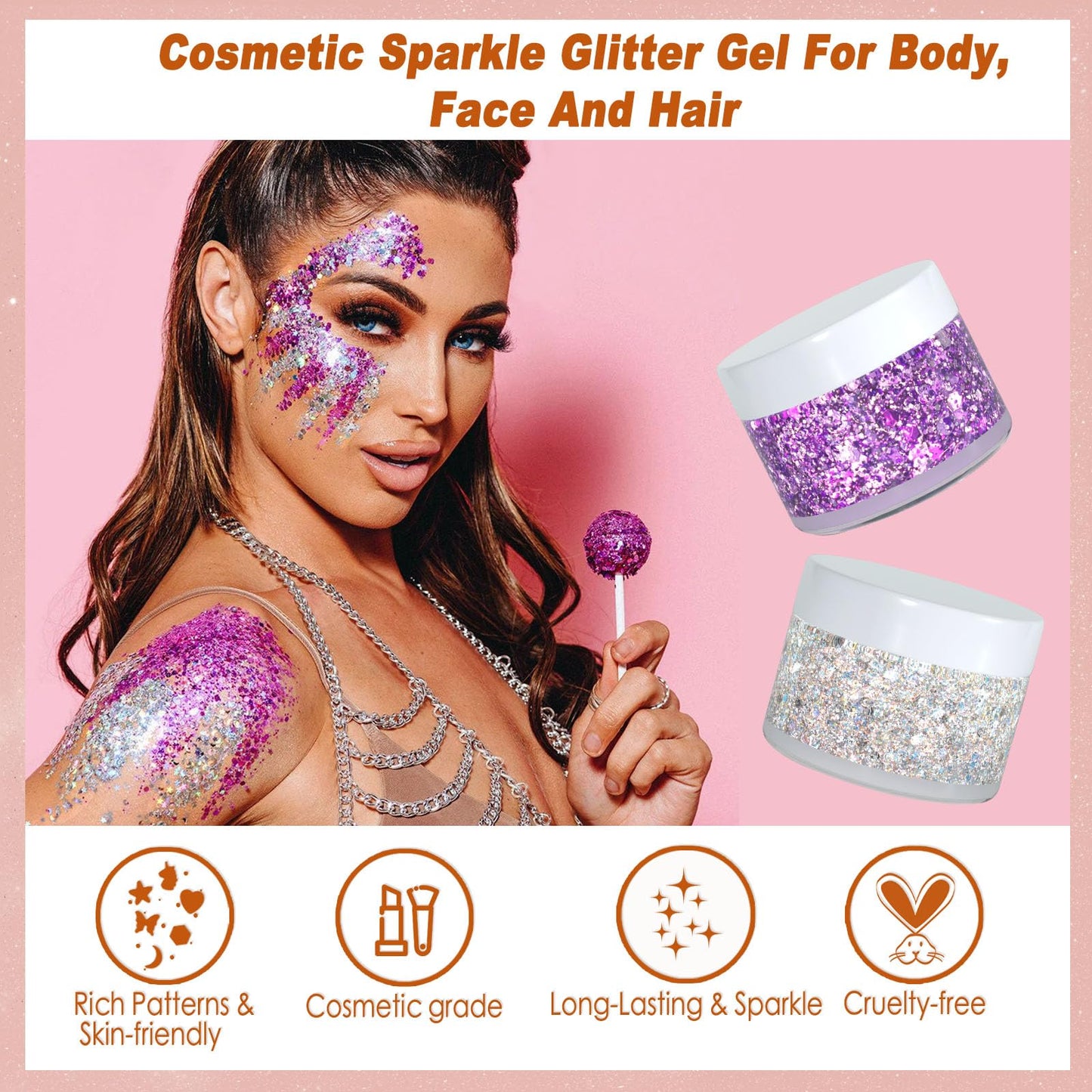 Boko 50ML Body Glitter Gel, Iridescent Mermaid Chunky Glitter Gel for Face Hair Body Snow Flake Makeup, Face Glitter Sequins for Halloween Christmas Concert Party Rave Accessories - Colorful Ice
