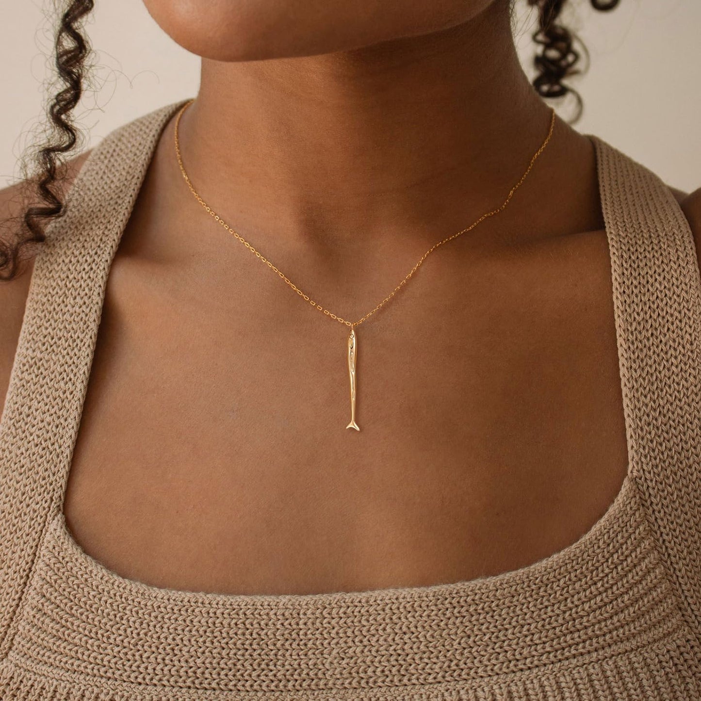 BSGRL Dainty Gold Necklace - 14K Gold-plated Long Thin Sardine Fish Beach Ocean Necklace for Women Brush Finished 16.5"+2"