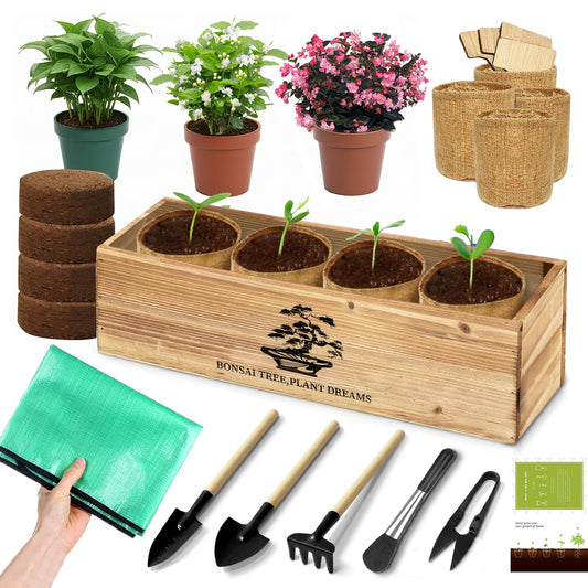 Premium Bonsai Kit,Complete Bonsai Starter Kit with Wooden Gift Box,repotting mat, Burlap Pots & Gardening Tools, DIY Bonsai Plant Set for Adults & Beginners (Seeds Excluded)Birthday Thanksgiving gift