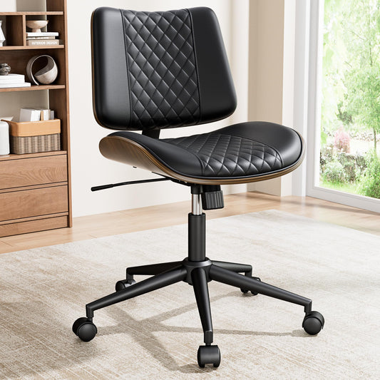 REONEY Home Armless Office Chair with Wheels, Modern Walnut Armless Desk Chair, Adjustable Swivel Rolling Task Chair with Curved Back for Small Space, Reading, Meeting Room, Black