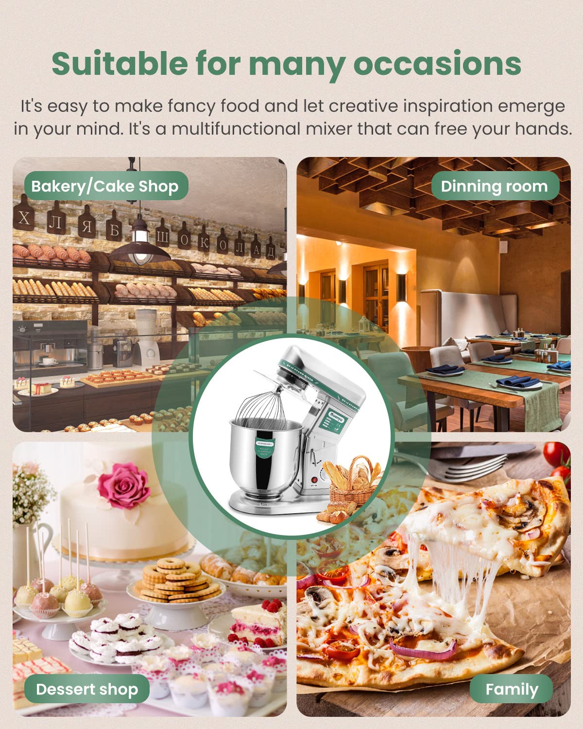 Huanyu Commercial Stand Mixer 10QT 500W Electric Dough Blender with Stainless Steel Bowl 3-in-1 Multifunctional Food Mixing Machine Dough Hook Flat Beater Whisk 110v