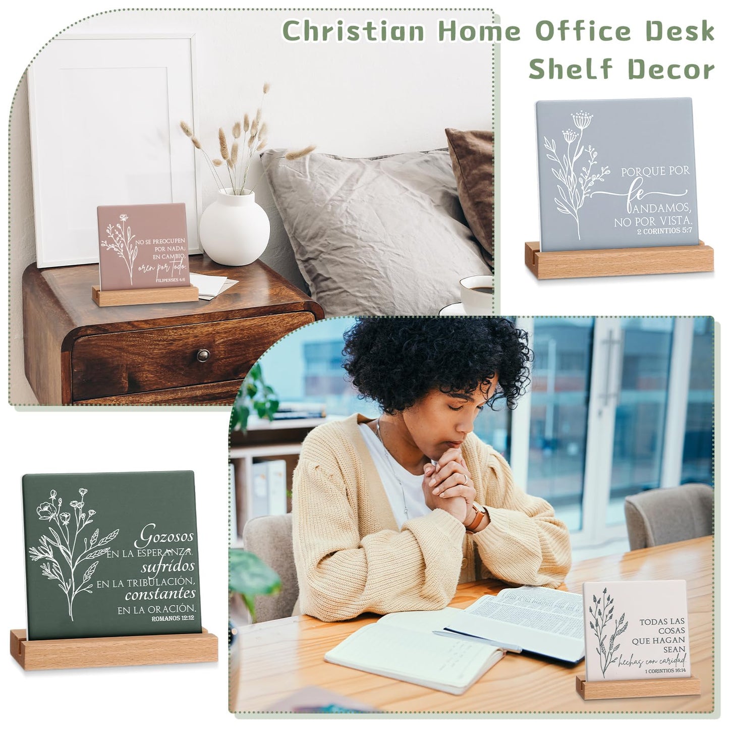 Roowest 10 Pcs Christian Gift for Mom Bible Verse Desk Decor Religious Ceramic Table Plaque Sign with Wood Stand for Women Men Mothers Day Church Graduation Party Favor(Spanish)