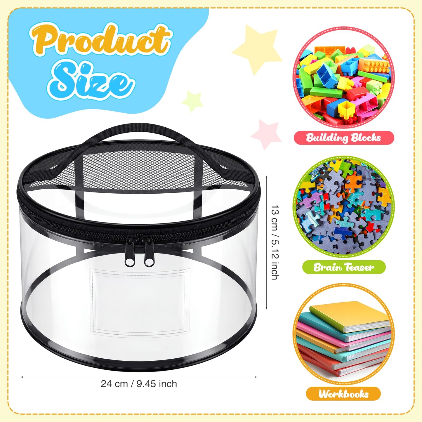 Sunnymove 6 Pcs Round Clear Toy Storage Bag with Handle PVC Cylinder Storage Bags with Label Pocket Waterproof Toys Organizer Bags for Building Blocks Puzzles & Game Pieces Portable Toy Tote