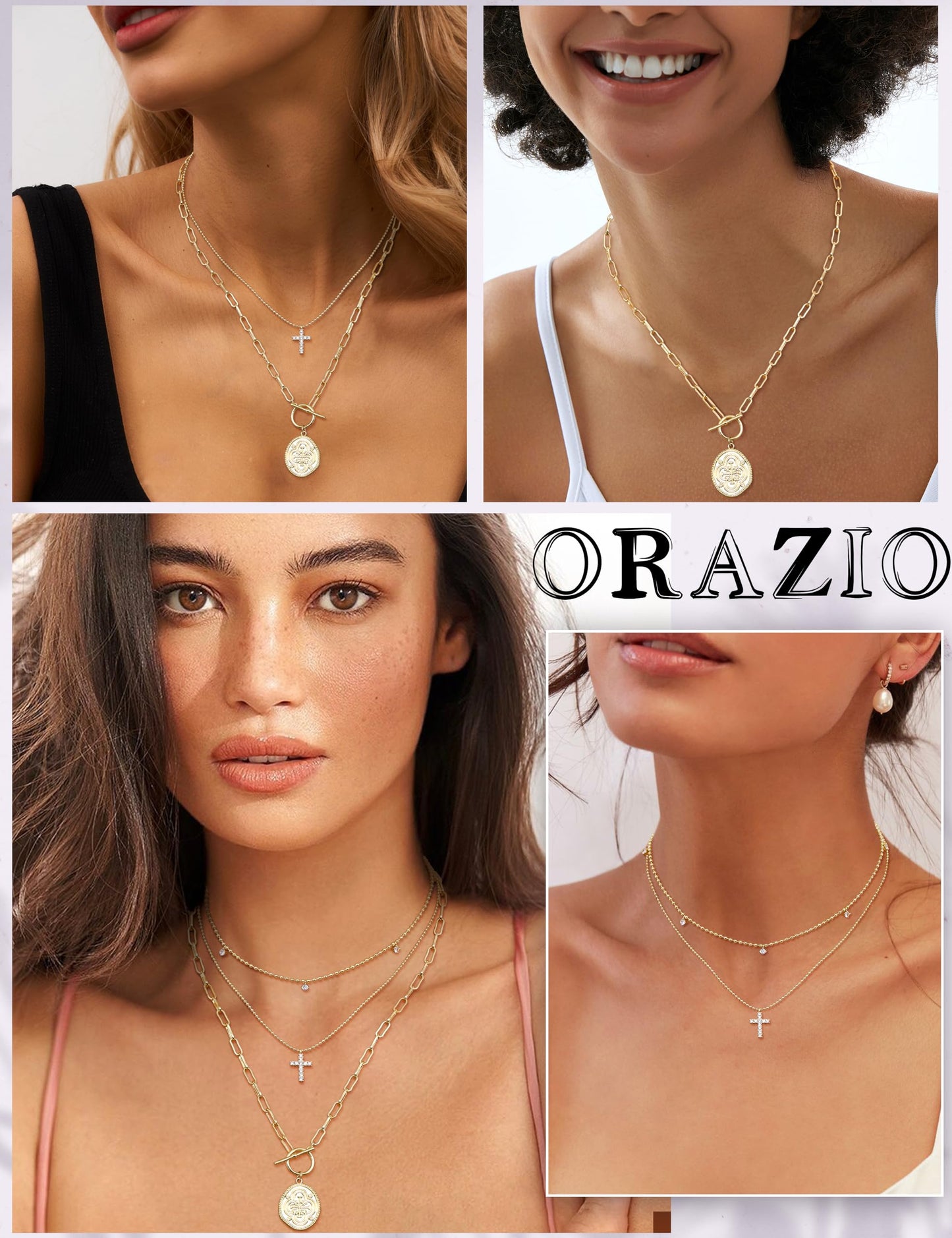 ORAZIO Layered 14K Gold Plated Necklaces for Women Dainty Necklace Stack Silver Plated Non Tarnish Free Pendant Chunky Chain Pearl Paperclip Cross Heart Necklace Set for Women D