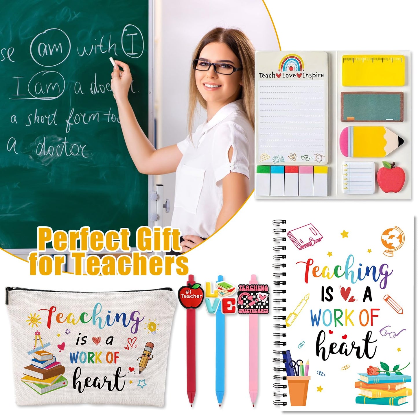 6 Pcs Teacher Appreciation Gifts Pens Sticky Notes A5 Spiral Notebooks Makeup Bag Pencil Pouch, Teacher Appreciation Day Gifts, Christmas Birthday Gifts School & Office Supplies for Teacher (Teacher)