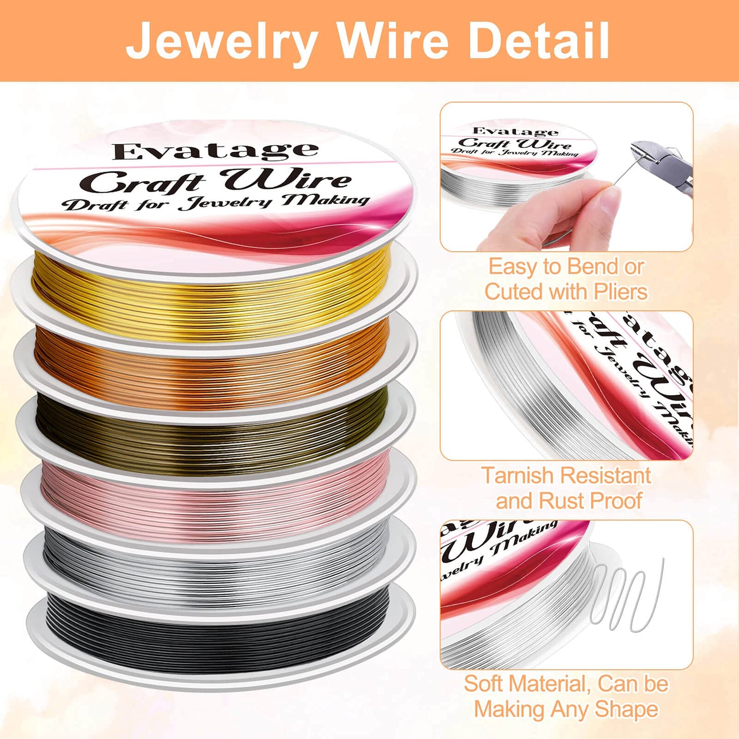 18 Gauge Wire for Jewelry Making, Evatage 6 Rolls Jewelry Craft Wire Tarnish Resistant Copper Beading Wire for Jewelry Making Supplies and Crafts