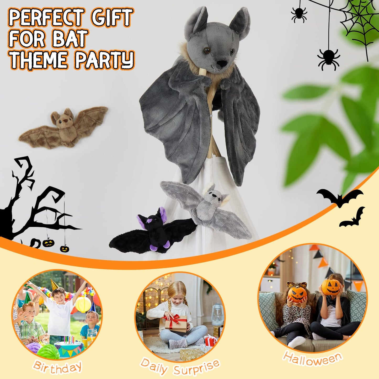Tezituor 4Pcs Realistic Bat Stuffed Animals Set, 32inch Large Mommy Stuffed Bat with 3 Cute Babies for Boys Girls, Hugging Soft Bats Plushies Toy Gift for Halloween Party Decoration