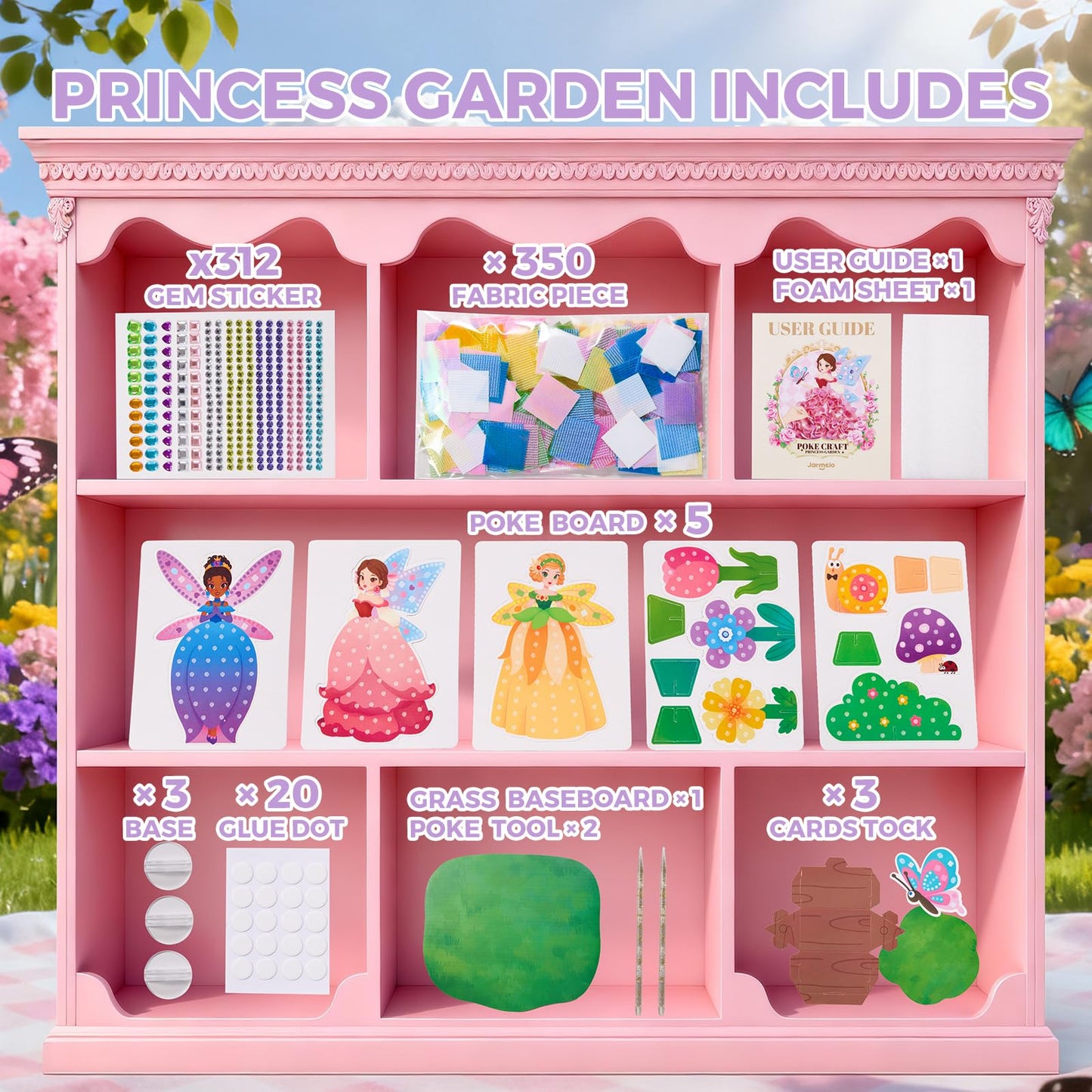 Jar Melo 3 in 1 Princess Garden Poke Crafts Kits for Girls, Diamond Art Kits for Kids, Princess Garden Dress Up Game, Mess Free DIY Crafts Educational Toys, Crafts Birthdays Gifts for Girls 4+