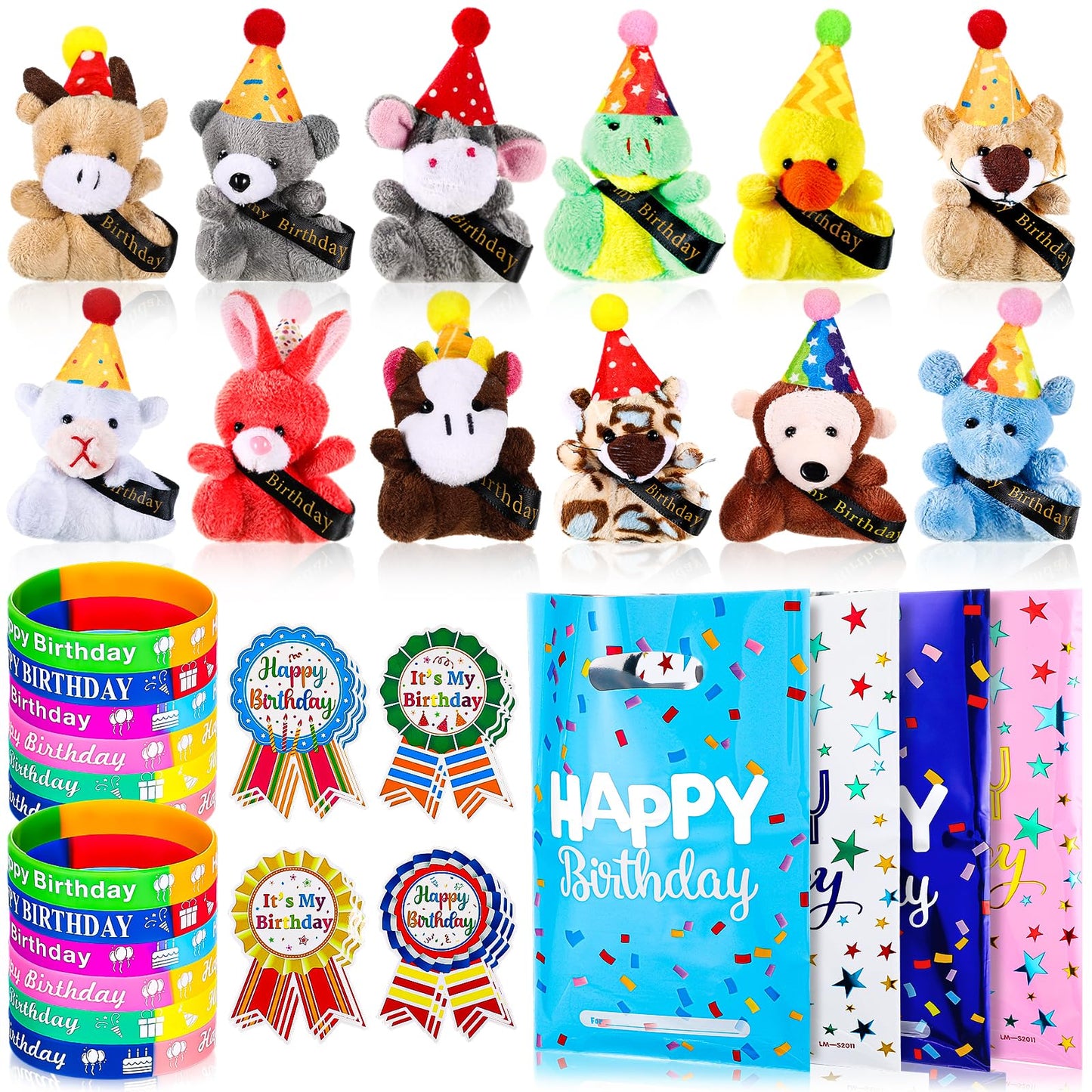 Seenelling 48 Pcs Happy Birthday Party Gift for Students, Return Gifts for Birthday Stuffed Animal Silicone Wristbands Badge Stickers for Party Goodie Bags Teachers Classroom Reward