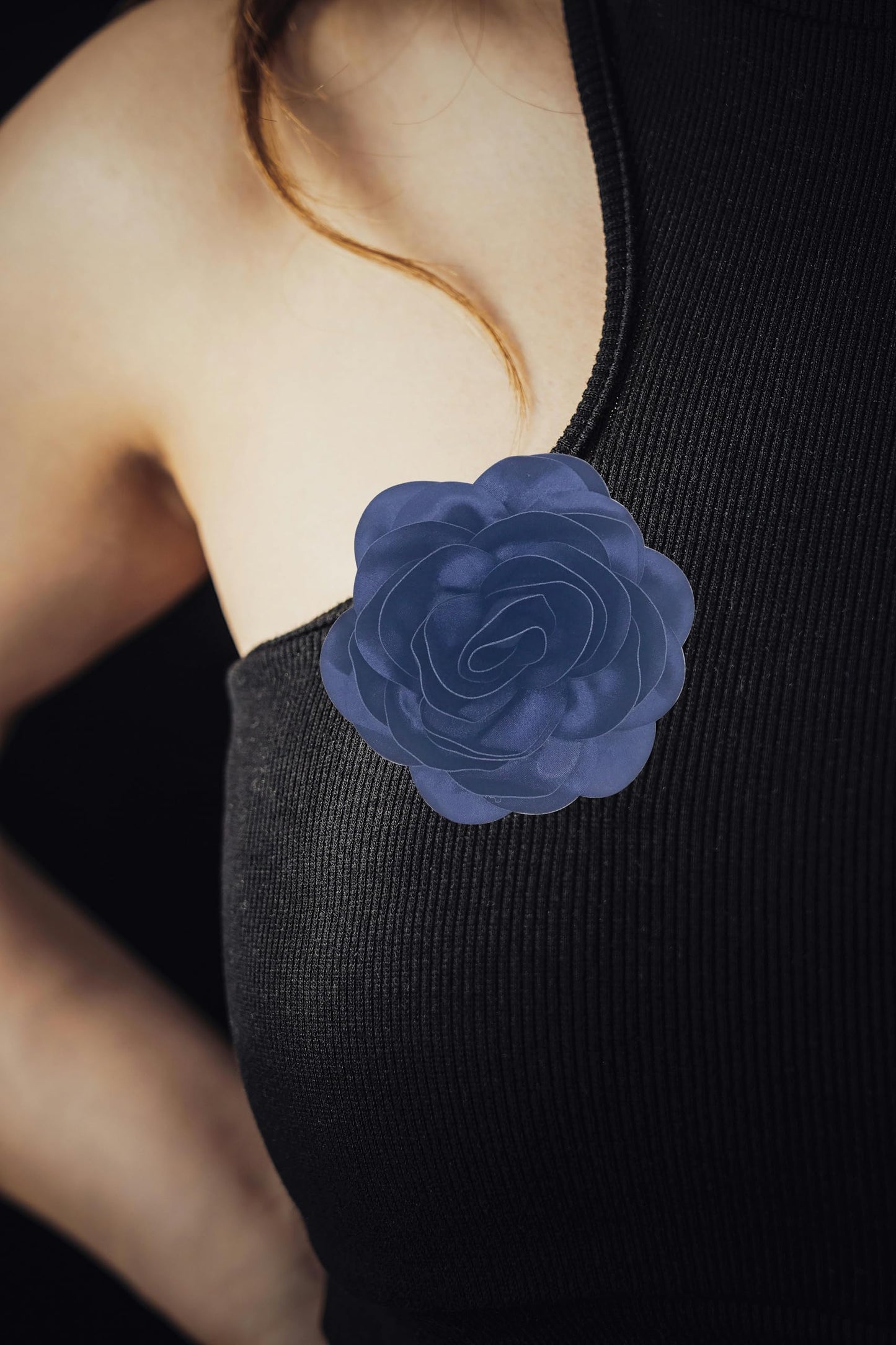 19mm Extra Large Rose Flower Brooches Lapel Pins Dainty Satin Fabric Brooches Big Camellia Flower Brooch Pin for Women Wedding Part Dance Clothes Accessories Jewelry (navy blue)