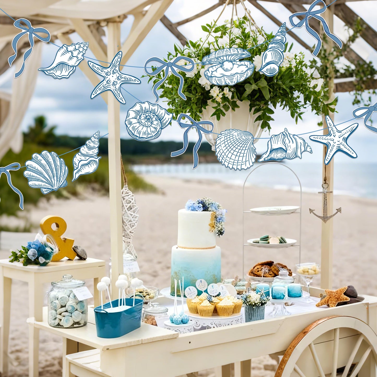 Summer Coastal Beach Party Supplies 3PCS Blue Bow Starfish and Seashell Banners Nautical Party Decor Sea Starfish Seashell Cutout Banner for Baby Shower Wedding Bachelorette Birthday Decorations