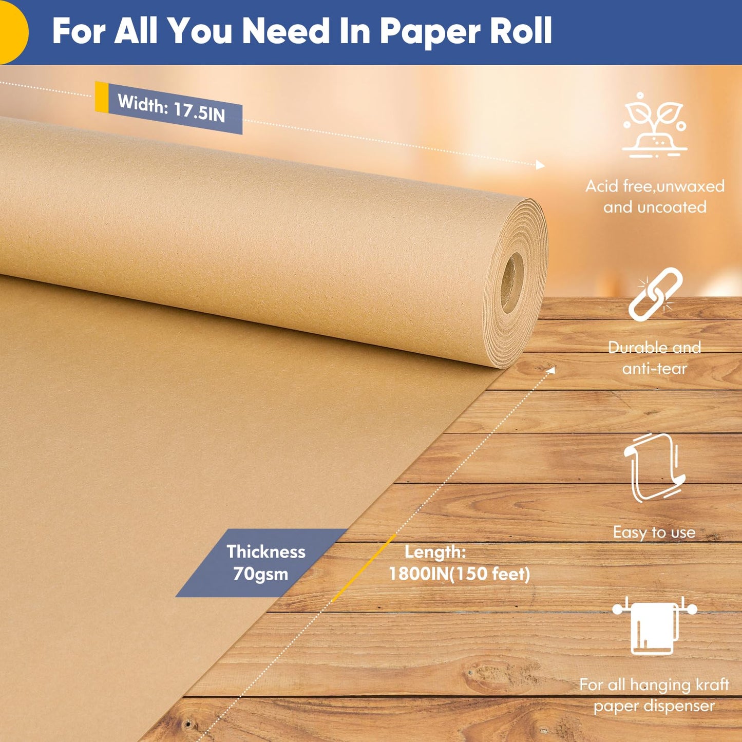 Vanhench Brown Wrapping Paper 17.5"x 1800"(150') for Craft Kraft Gift Wrapping Bulletin Board Arts Bouquet Flower Table Covering Poster Packing Shipping Moving Supplies 65GSM 45LB