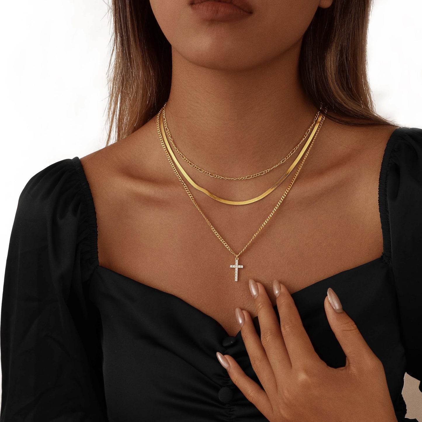 Nancomy Layered Gold Cross Necklaces for Women, Stack Stackable 14K Gold Plated Cubic Zirconia Pendant Necklace Set Dainty Choker Layering Necklaces for Women Faith Jewelry Religious Gifts