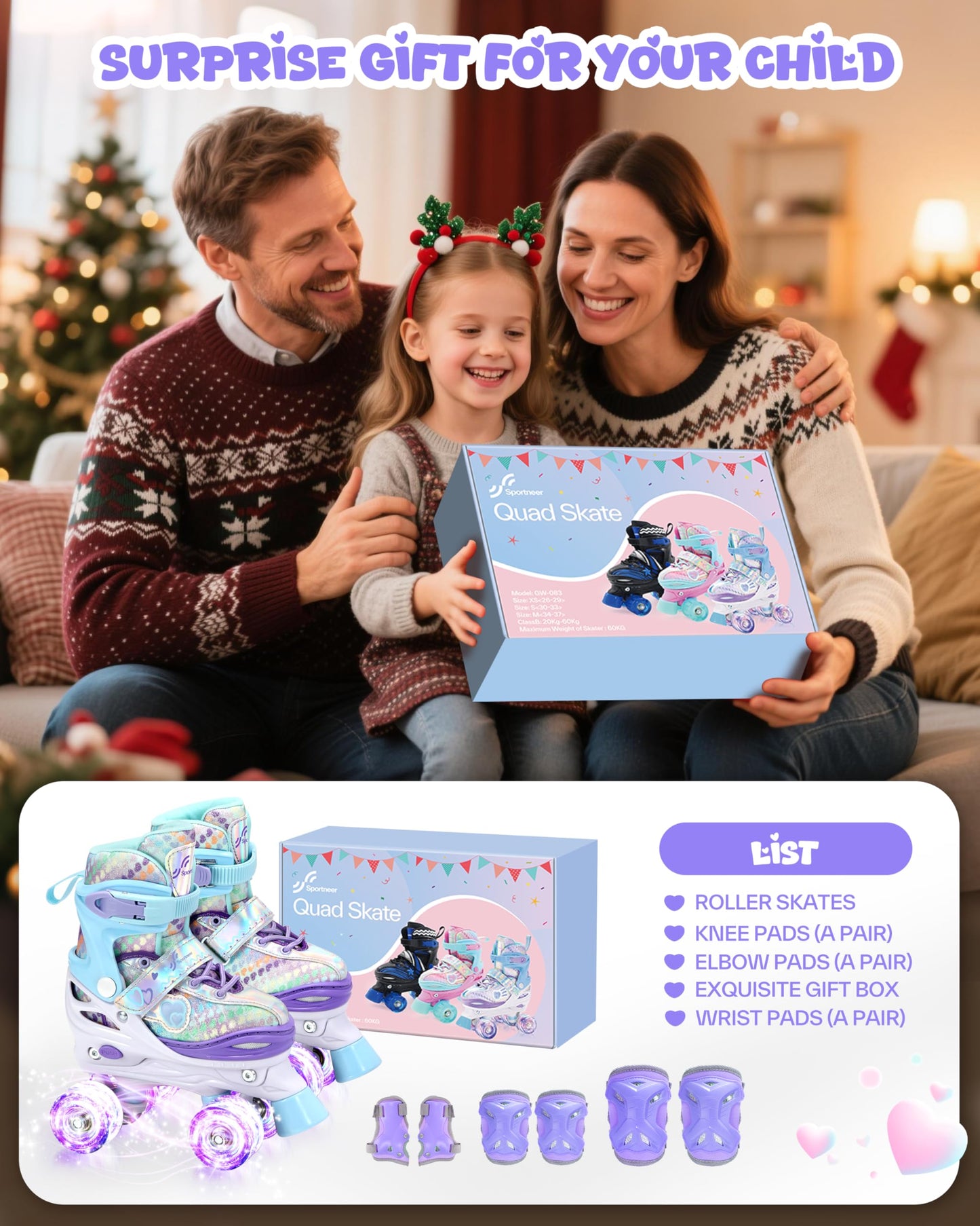 Sportneer Adjustable Kids Roller Skates with Light Up Wheels, 4 Sizes Fit for Girls Boys Ages 5–12, Fun Outdoor Indoor Quad Skates for Beginners, Safe Gift Set with Protective Gear Included