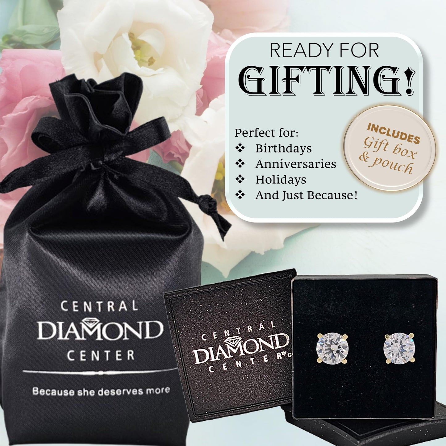Central Diamond Center 14K Solid Gold Post & Sterling Silver 4 Prong CZ Stud Earrings - Yellow Gold Plated - 8.50mm - 5.00cttw