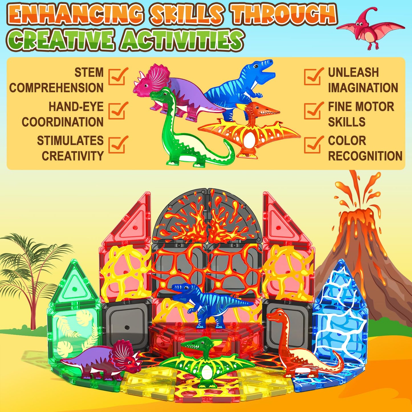 Coodoo Dinosaur Toys Magnetic Tiles Lava Dinosaur World Set - Magnetic Blocks Building for Kids 3-5 5-7 Girls Boys Toy Age 4-6 6-8, Classroom Must Haves Toddler Sensory for 3+ Year Old Kids Toys