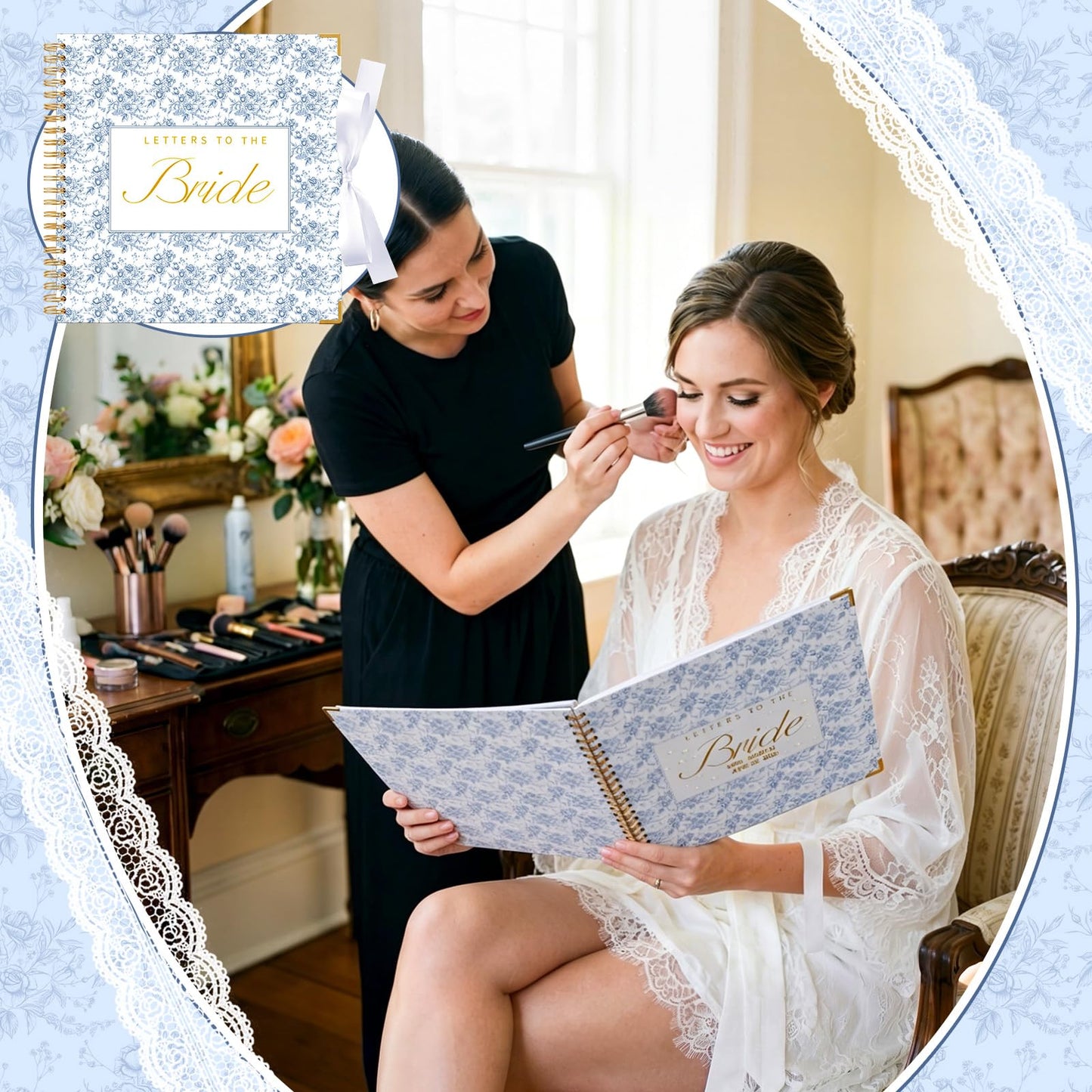 Humyoun Wedding Guest Book Letters to The Bride Scrapbook Wedding Memory Book Bridal DIY Blank Paper Scrapbook Photo Album Guest Sign with Pearl Stickers(12 x 12 Inch,Floral,Blue)