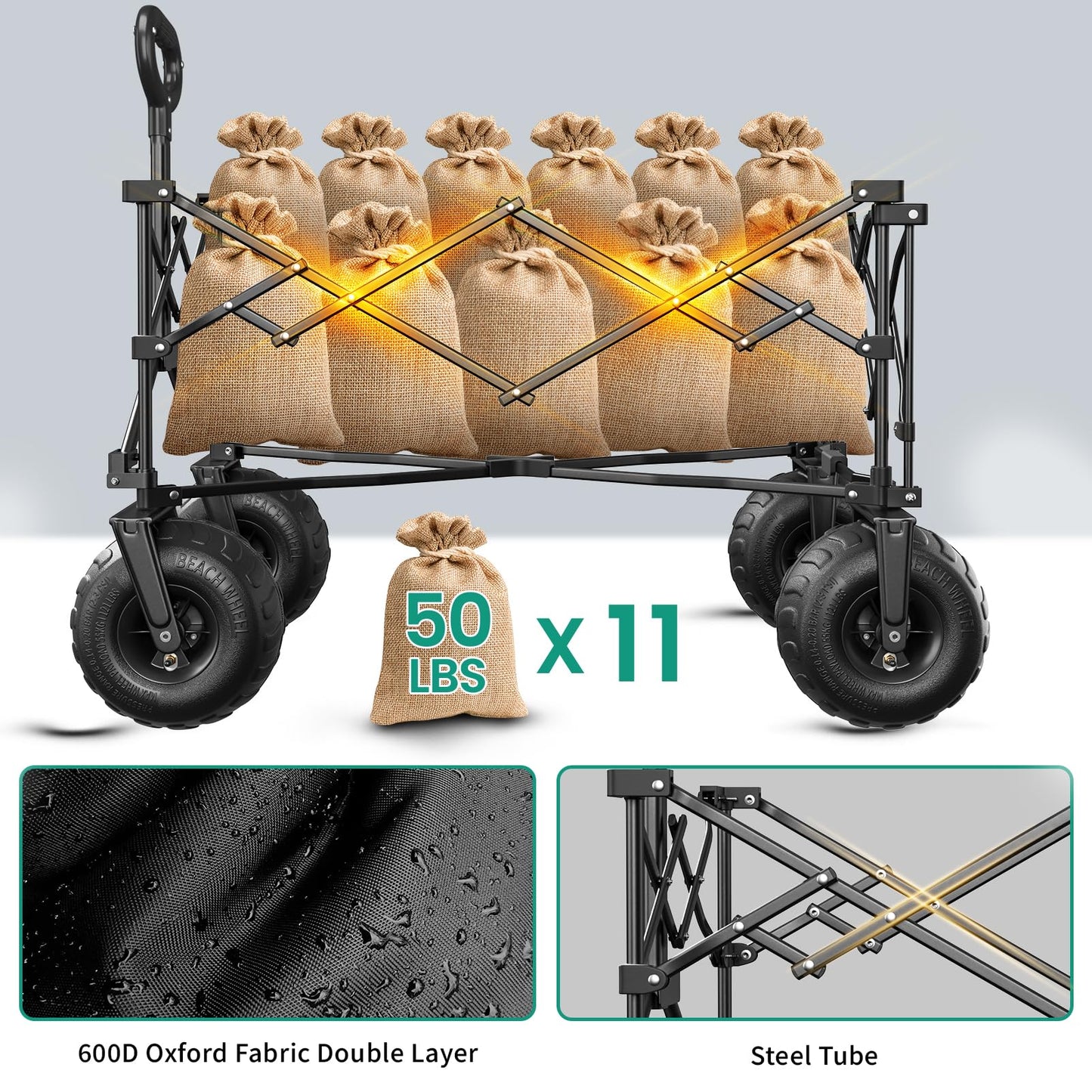 SUNNYFEEL Collapsible Beach Wagon with 9" Balloon Wheels, 300L Beach Cart with Big Wheels for Sand, 550LBS Heavy Duty Folding Wagon Cart with Adjustable Handle for Camping, Garden, Outdoor, Black
