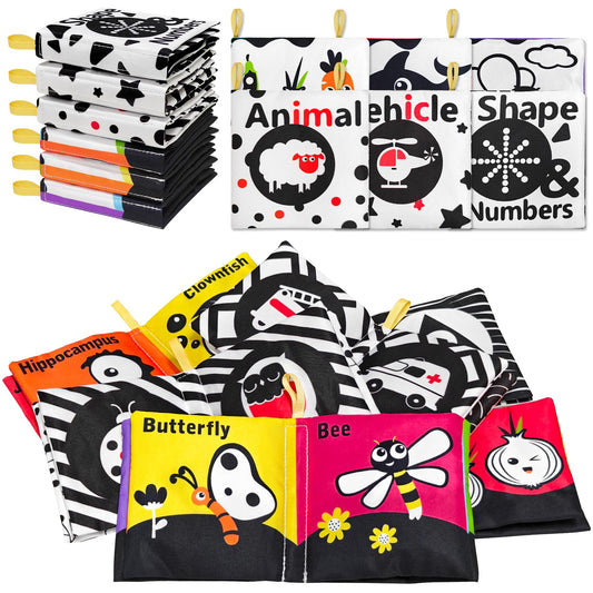 6 PCS High Contrast Black and White Crinkle Cloth Books for Infants 0-3 3-6 Months, Tummy Time Soft Book,Montessori Sensory Toys for Brain Development, Baby Educational Toys Gift for Boys Girls