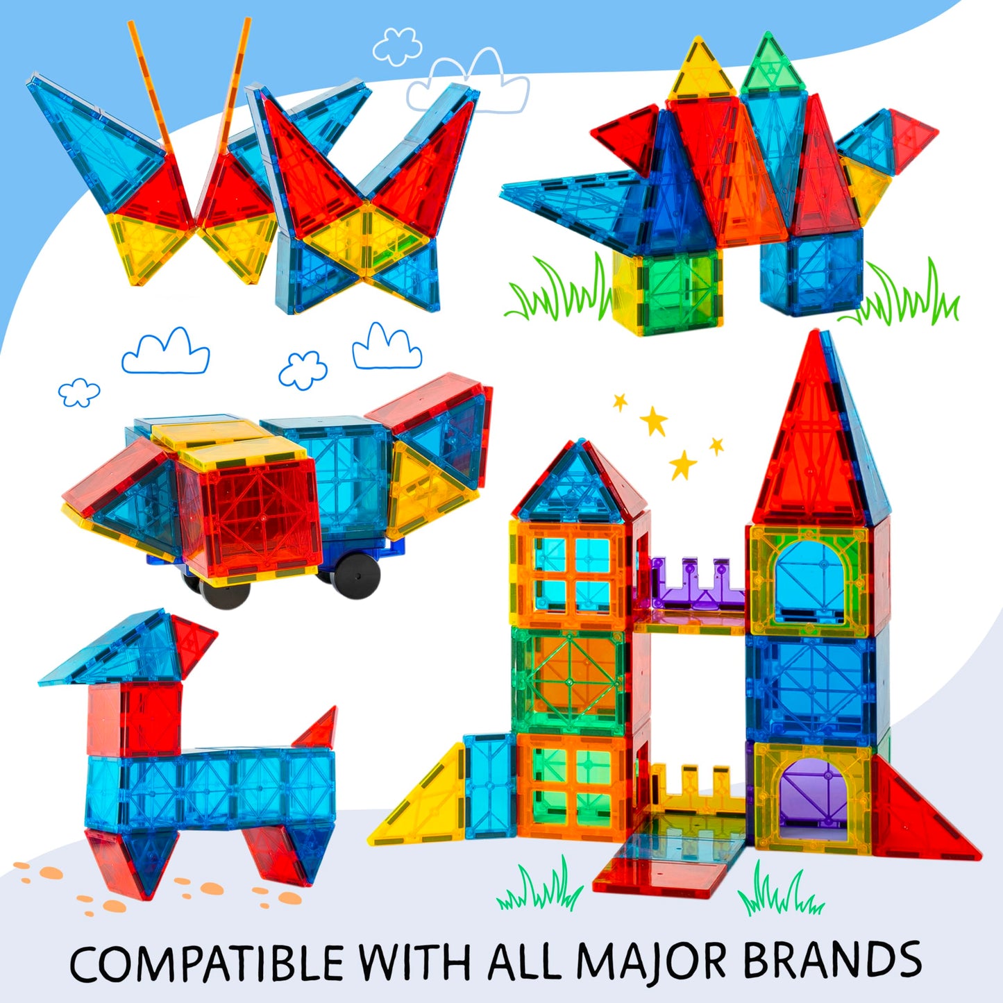 SUNNY AUNTIE Magnetic Tiles 123 PCS with 2 Cars & Storage Bag – Magnetic Building Tiles STEM Toy for Kids Ages 3-8, Magnet Construction Set for Boys & Girls