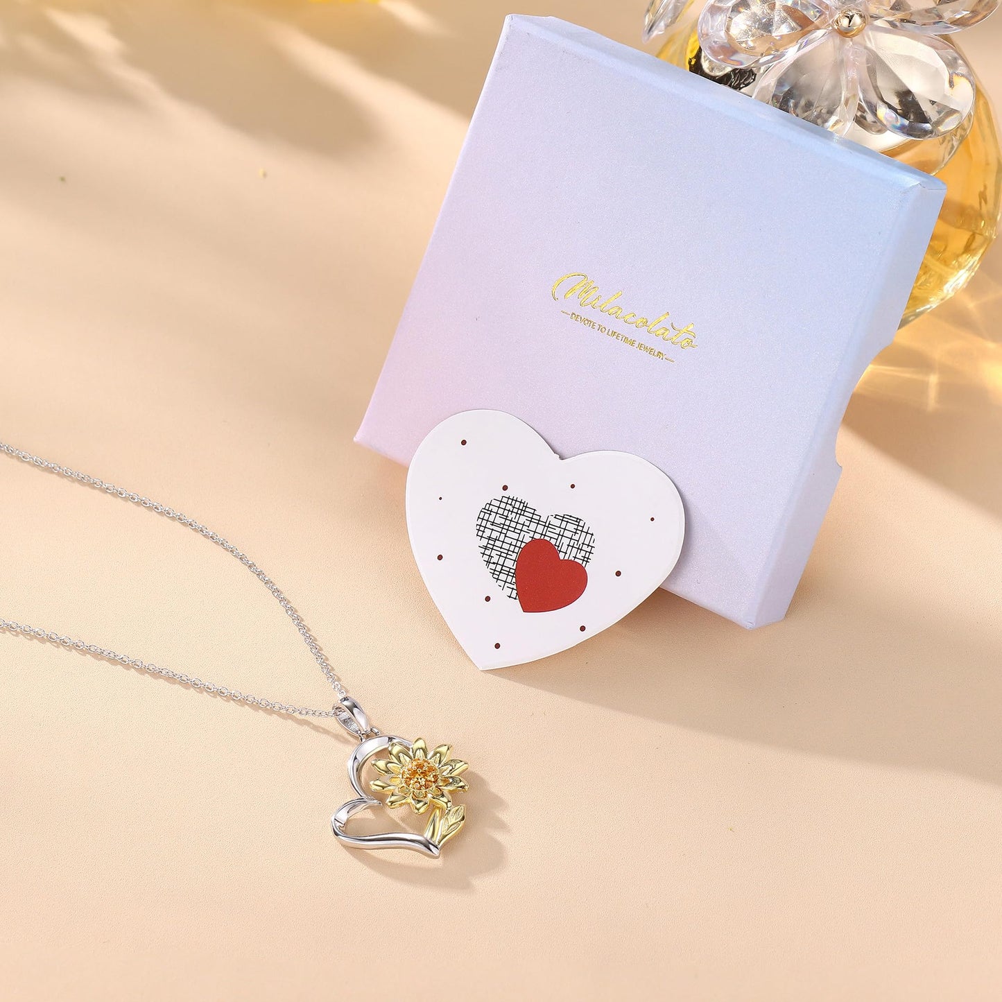 MILACOLATO 925 Sterling Silver Sunflower Necklace 14K Gold Plated You're My Sunshine Sunflower Heart Pendant Necklace Cubic Zirconia Sunflower Jewelry Gift for Women Mom