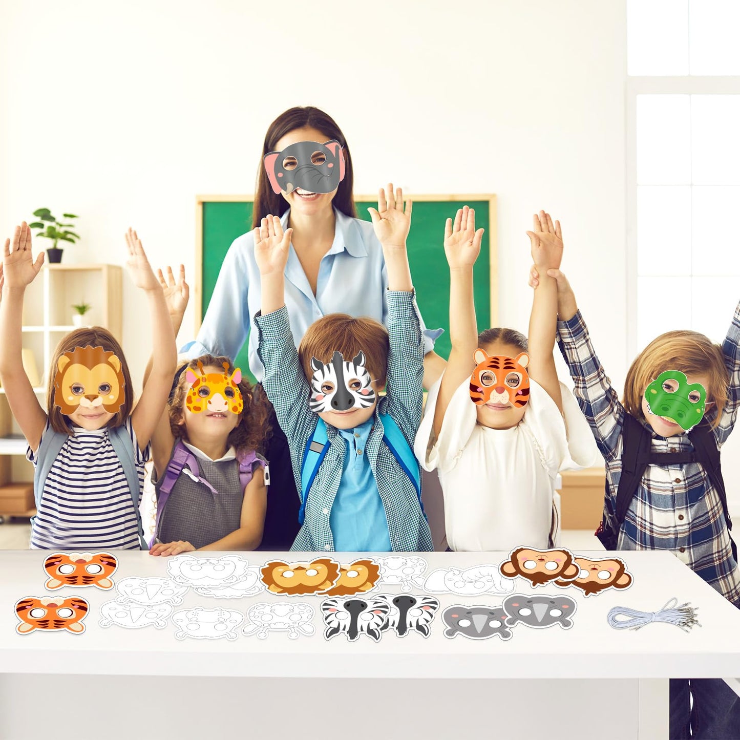 63Pcs Color Your Own Animal Masks Crafts for Kids DIY Paper Blank Jungle Animal Party Favors Lion Tiger Monkey Masks Making Kits with Ropes for School Class Activities Birthday Party Supplies