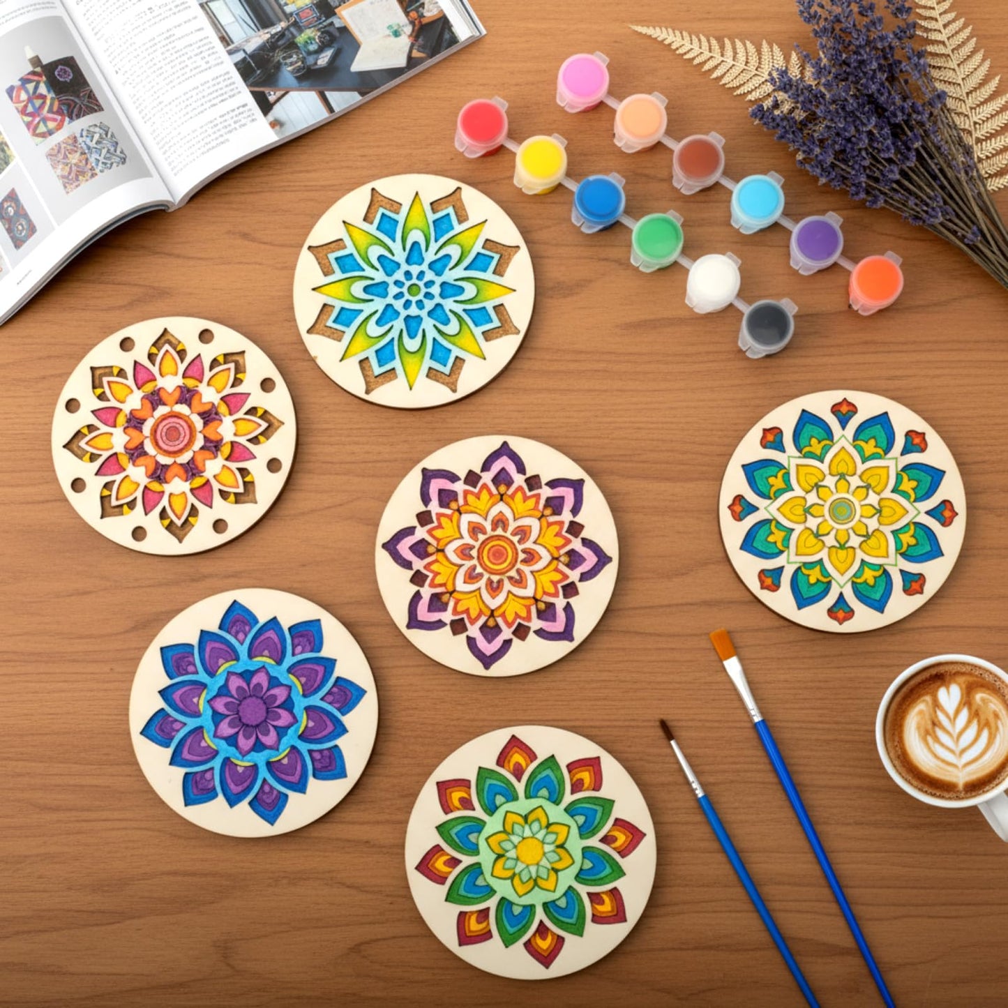 DoubleFill 12 Pcs Wooden Coasters Painting Kit with Paint Art Drink Coaster Gift Craft DIY Kit for Adults, Women, Hobby, Christmas Decoration Home Apartment Decor(Mandala)