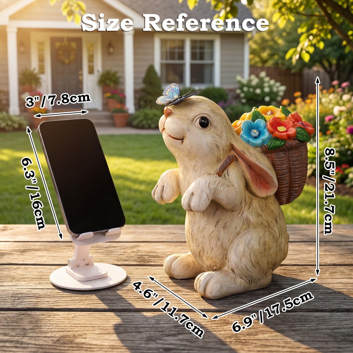 PETAFLOP Solar Garden Statues Outdoor Decor, Rabbit with Flower Basket & Butterfly Birthday for Patio Balcony Backyard Lawn Yard Decorations, Housewarming Gifts for Women, Mom, Grandma