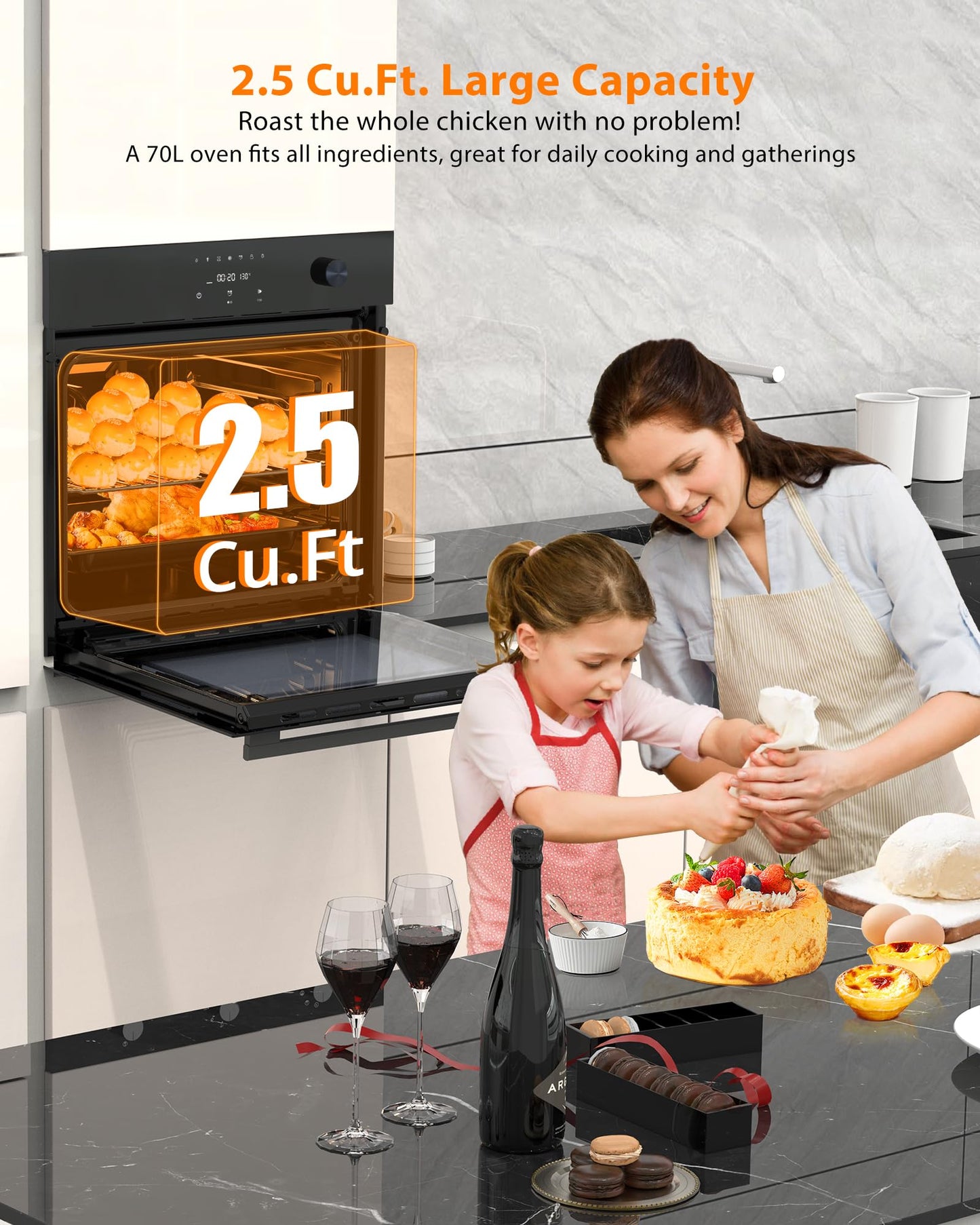Garvee 24 Inch Built-In Single Wall Oven, 2.5 Cu.Ft Electric Oven with Touch & Mechanical Knob Control, 8 Modes, 3000W, ETL Certified, Black